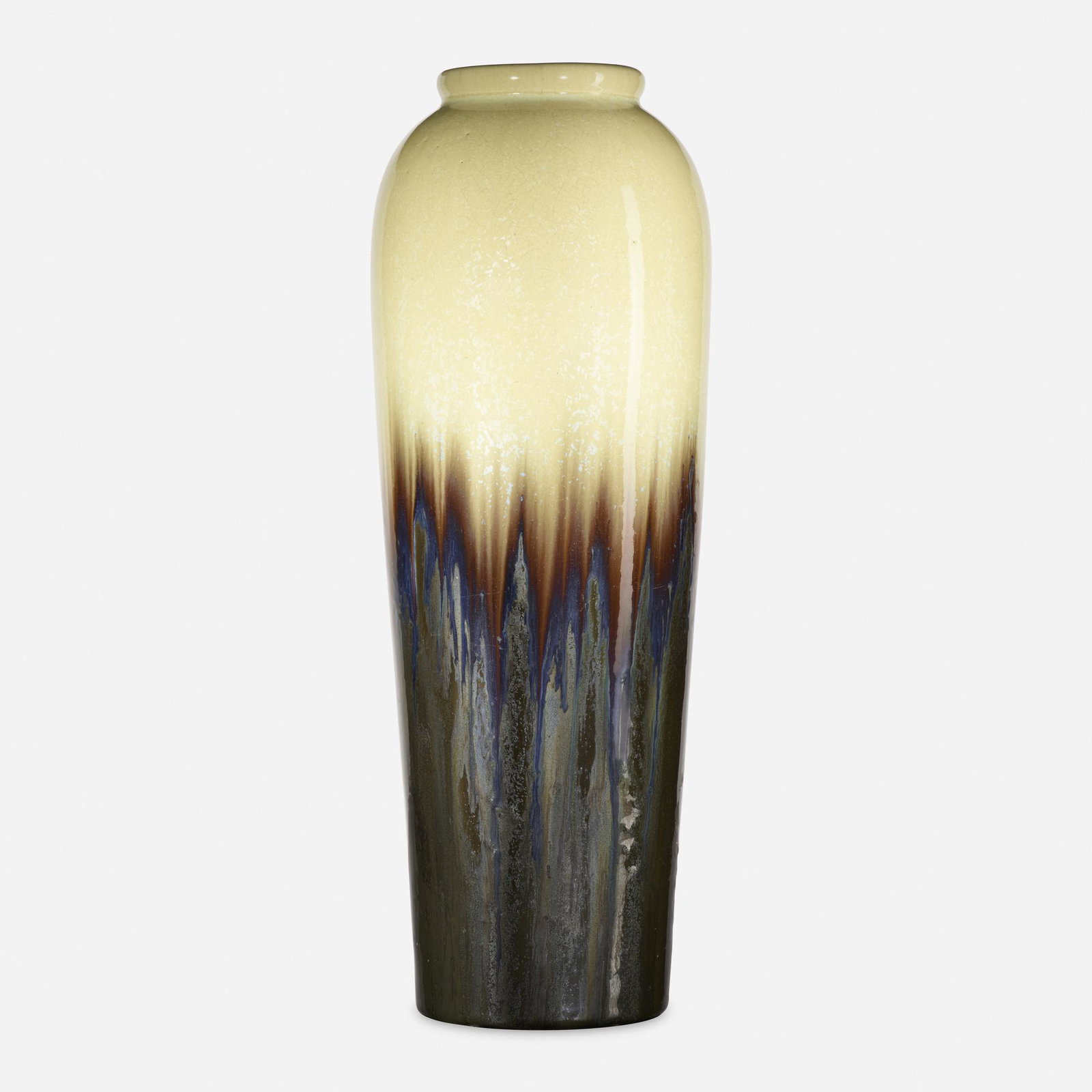 Fulper Pottery, tall vase: Fulper Pottery tall vase USA, 1917-27 Cat's Eye Flambe glazed earthenware 16.25 h × 5.5 dia in (41 × 14 cm) Incised vertical racetrack mark to underside 'Fulper'.