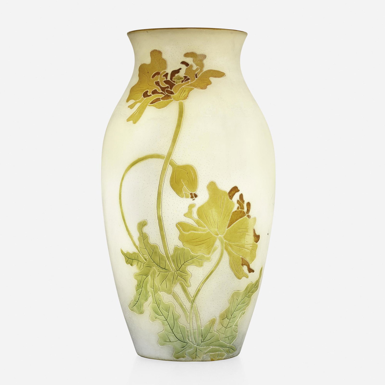 Roseville Pottery, Woodland vase with poppies: Roseville Pottery Woodland vase with poppies USA, 1905-06 enameled and glazed earthenware 17 h × 8.5 dia in (43 × 22 cm) Raised seal to underside 'Rozane Ware Woodland'.