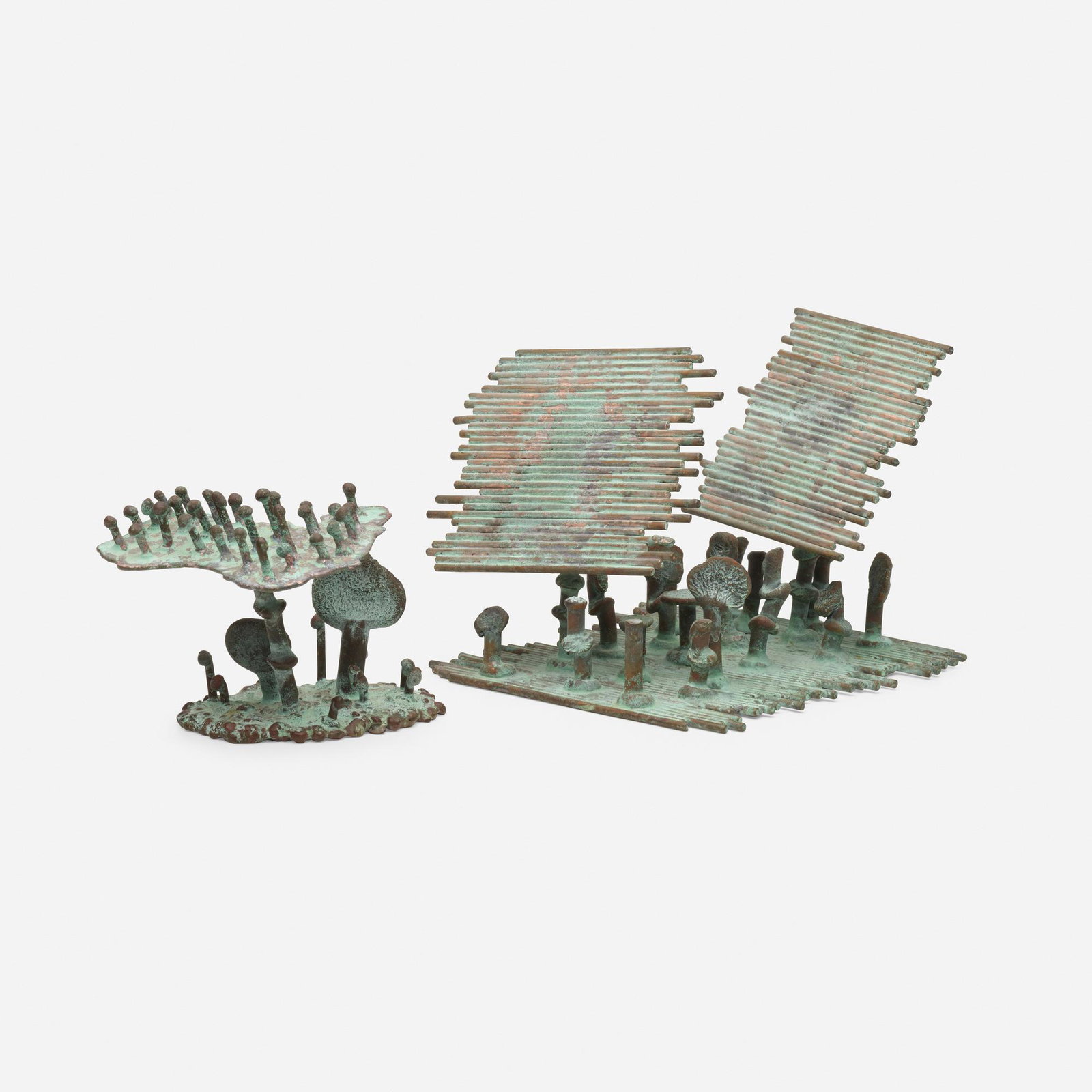 Klaus Ihlenfeld, Untitled (two works): Klaus Ihlenfeld Untitled (two works) USA, c. 2005 oxidized phosphor bronze 5 h × 6.5 w × 6 d in (13 × 17 × 15 cm) Impressed signature to to base of taller example 'KI'. Impr