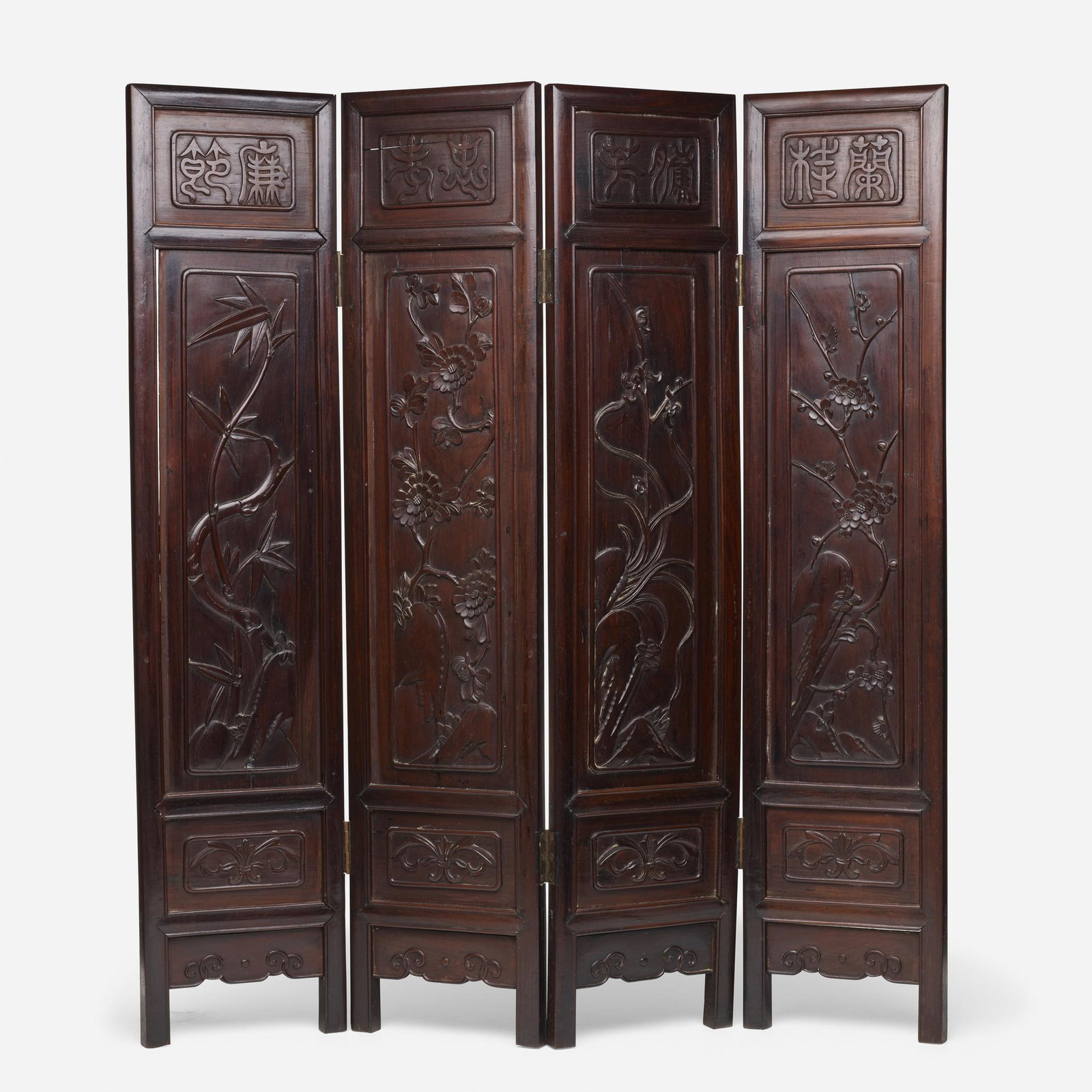 Chinese, four panel screen: Chinese four panel screen c. 1940 rosewood 36 h × 32.5 w × .75 d in (91 × 83 × 2 cm) Screen depicts the four seasons with characters and stylized flowers: plum blossom, orchid, chrysanthemum, and 