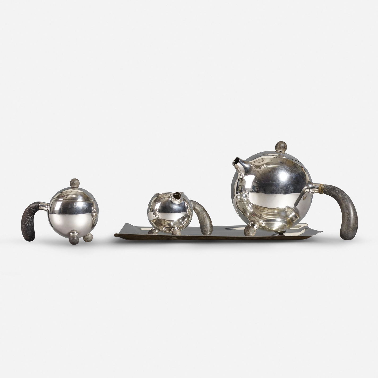 Age Erhard, tea set: Age Erhard tea set A.Dragsted A/SDenmark, c. 1951sterling silver, ebony, silver-plated brass9 w × 6 d × 6.5 h in (23 × 15 × 17 cm) Impressed manufacturer's mark to underside of each element