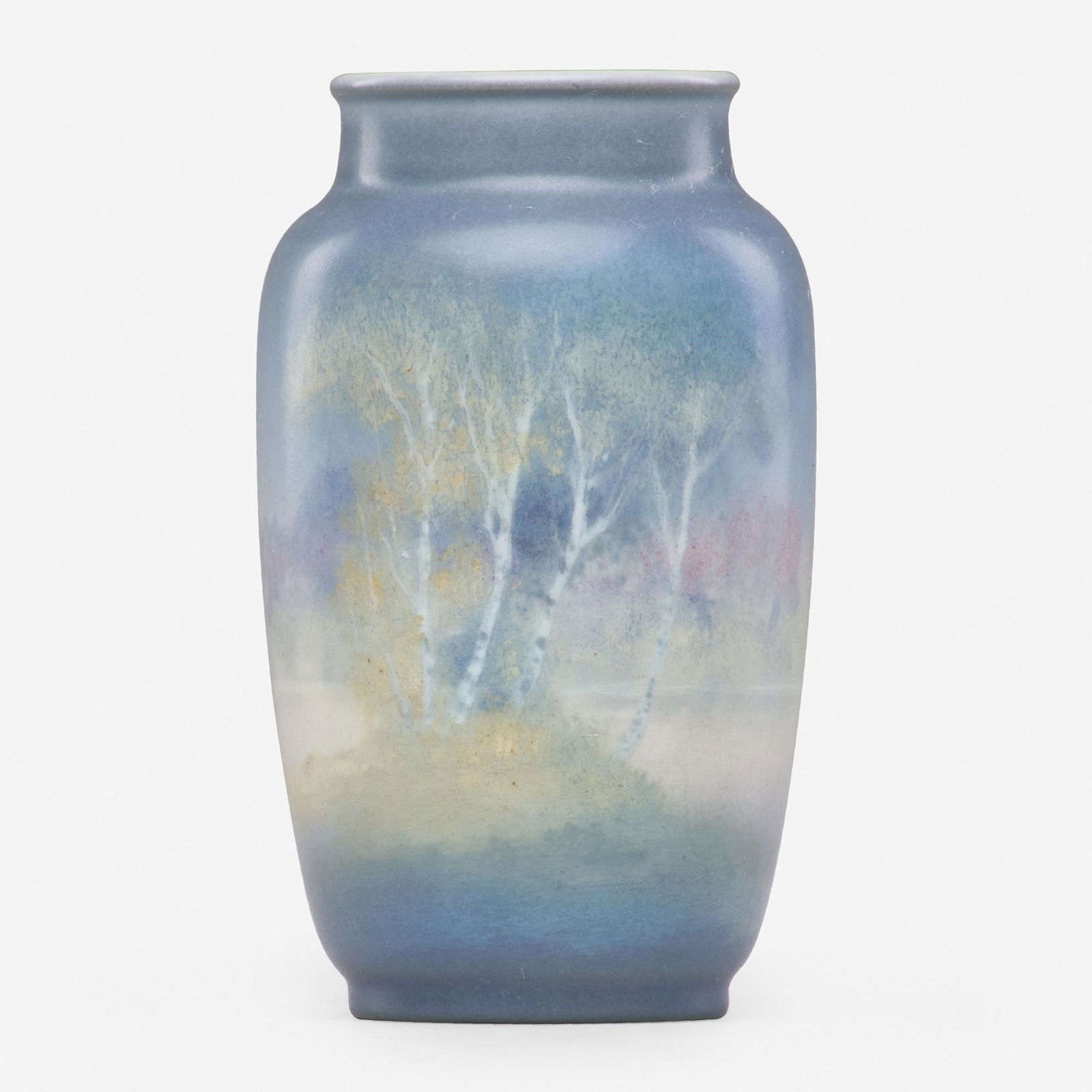 E.T. Hurley for Rookwood Pottery, vase: Edward T. Hurley for Rookwood Pottery Scenic Vellum vase USA, 1940glazed porcelain5.25 h × 3.25 dia in (13 × 8 cm) Impressed signature, date and number to underside 'Flame mark XL 673