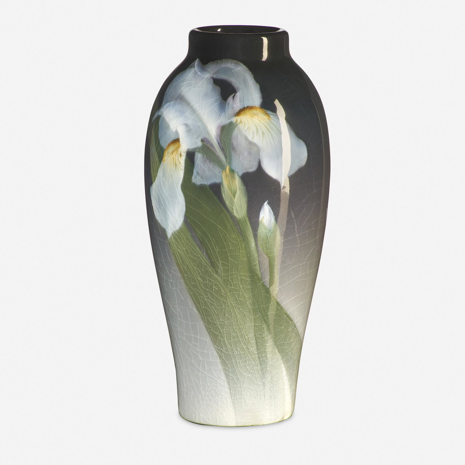 Carl Schmidt for Rookwood Pottery, vase: Carl Schmidt for Rookwood Pottery Iris Glaze vase with irises USA, 1903 glazed earthenware 8.5 h × 4 dia in (22 × 10 cm) Impressed signature, date and number to underside 'Flame mark II