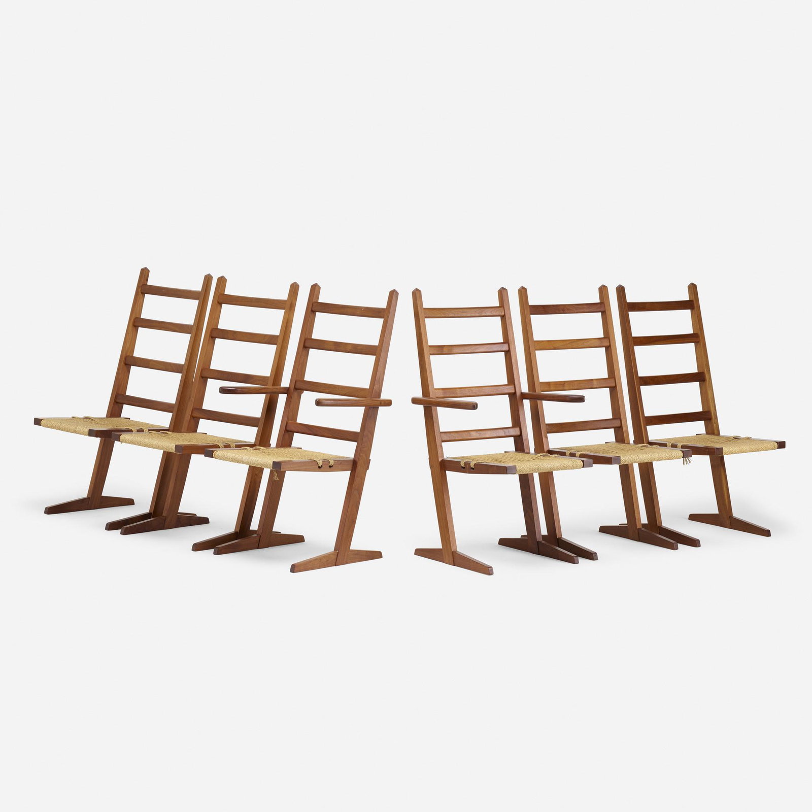 Gino Russo, dining chairs, set of six: Gino Russo dining chairs, set of six USA, c. 1985 walnut, cording 43 h × 23.75 w × 19 d in (109 × 60 × 48 cm) Russo was a craftsman for Nakashima Studio in the 1950s who wen