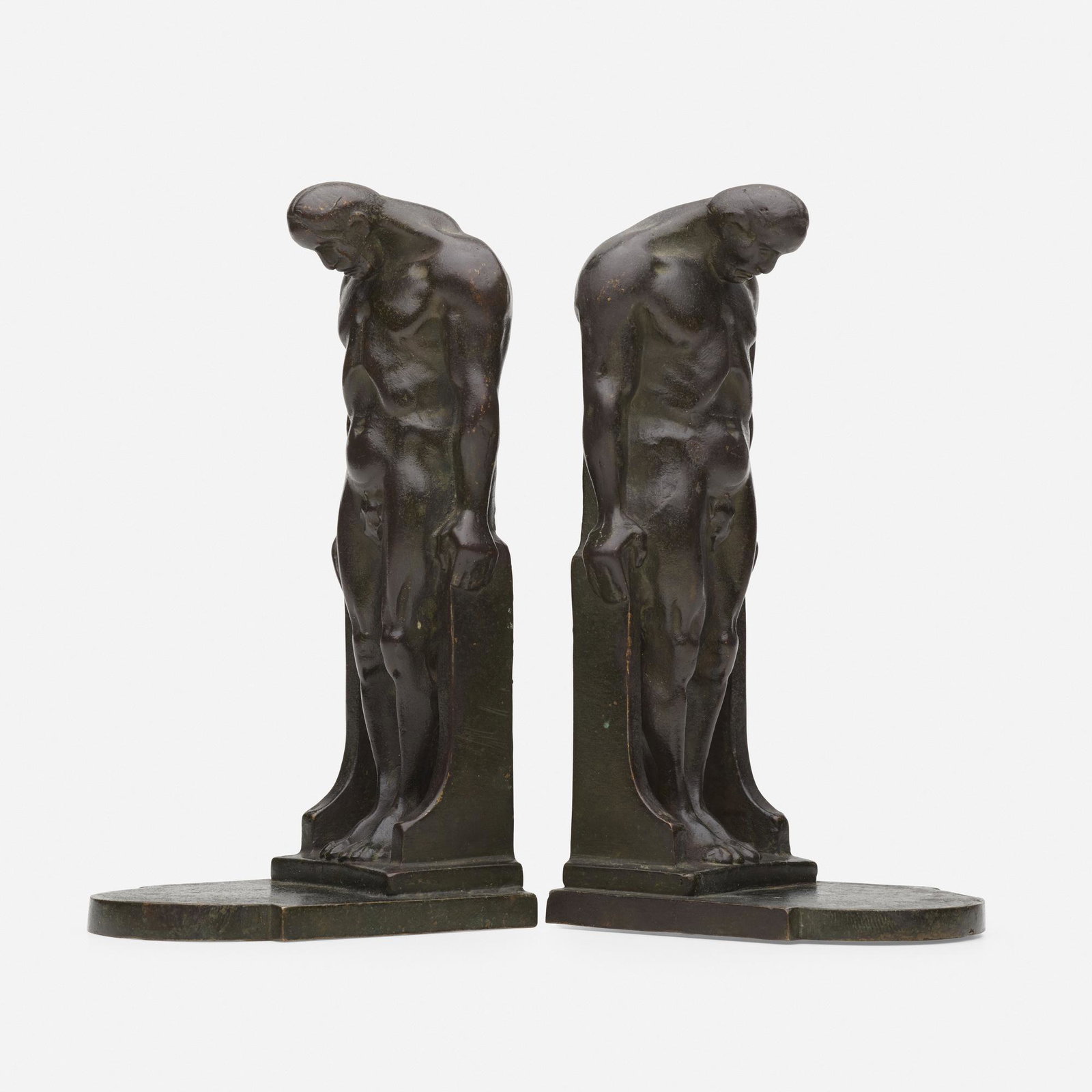 In the manner of Oscar Bach, bookends, pair: In the manner of Oscar Bach bookends, pair USA, c. 1925 patinated bronze 7.75 h × 3 w × 4.25 d in (20 × 8 × 11 cm) Impressed mark to to verso 'S52'. plea