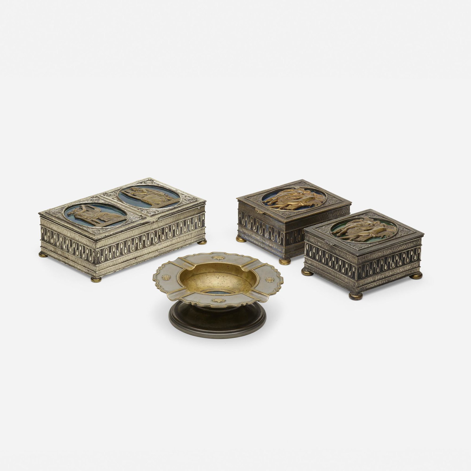 Oscar Bach, collection of three boxes and ashtray: Oscar Bach collection of three boxes and ashtray USA, c. 1925 silvered bronze, brass, enameled metal, silk, cedar 2.5 h × 8.25 w × 5 d in (6 × 21 × 13 cm) Collection is comp