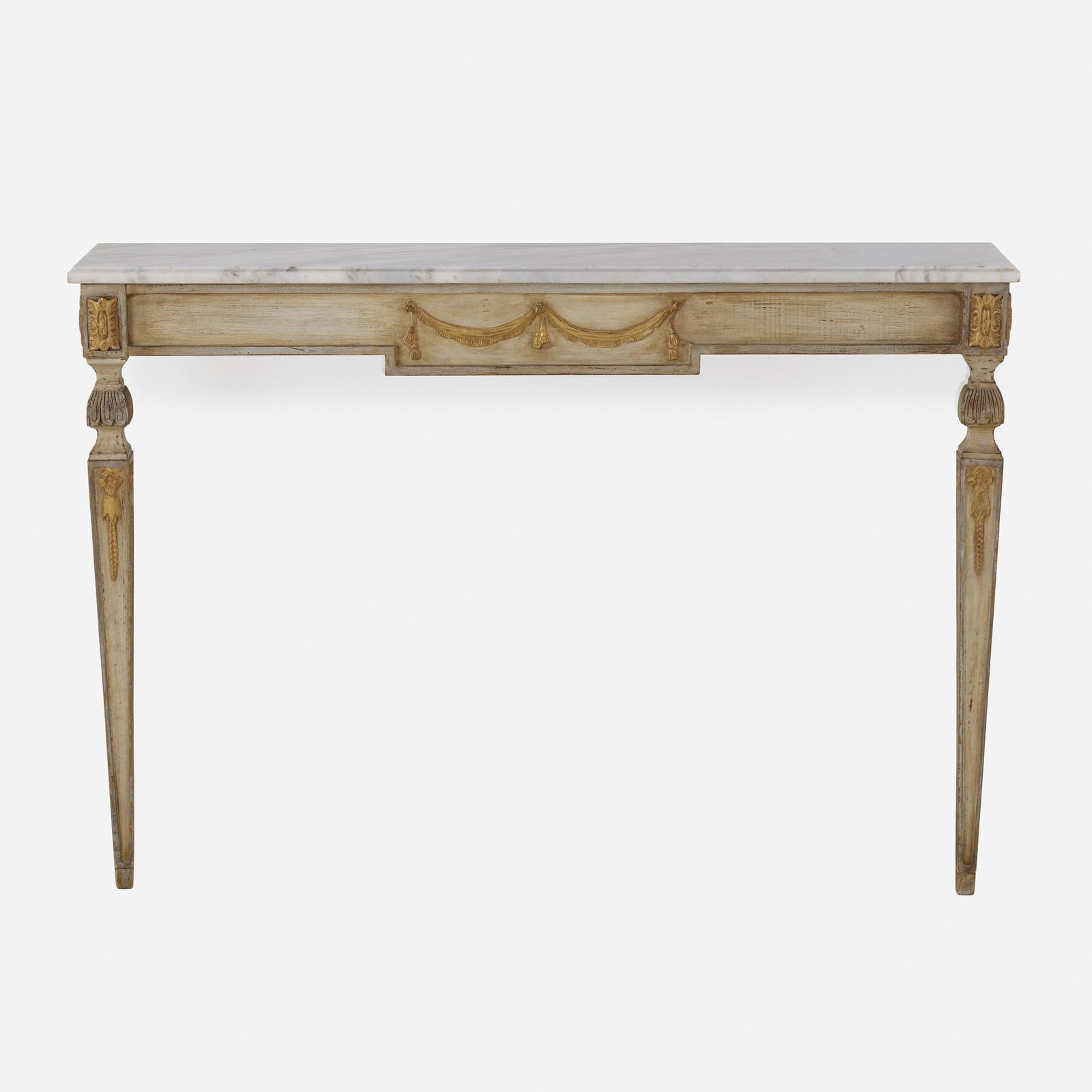 Regency Style, console table: Regency Style console table USA, 20th century marble, painted and gilt wood 33.25 h × 47 w × 9.5 d in (84 × 119 × 24 cm) Provenance: Private Collection, Phi