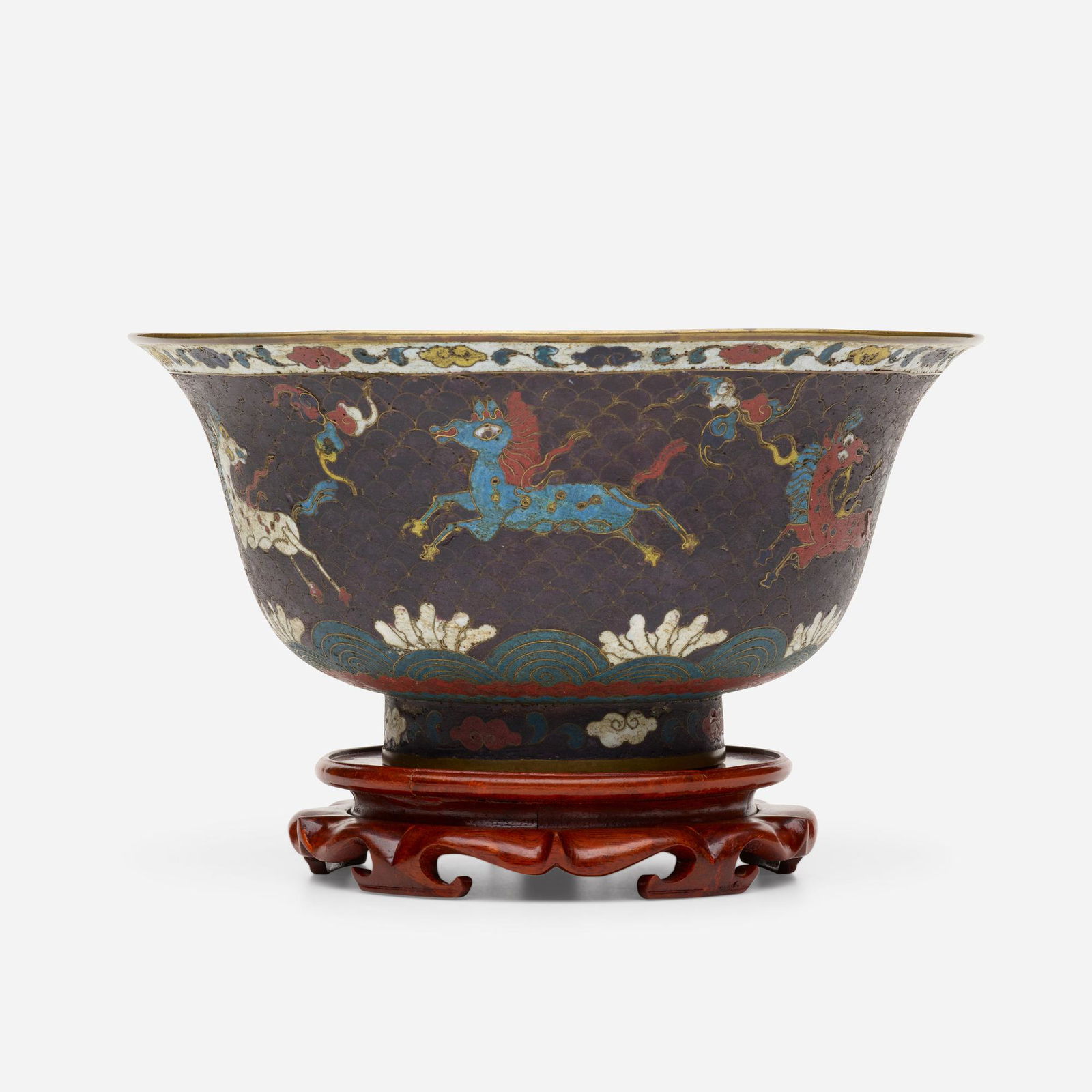 Ming Style, Heavenly Horses bowl: Ming Style Heavenly Horses bowl China, 19th centurycloisonne enamel, brass, lacquered wood6.5 h × 11.25 dia in (17 × 29 cm) please note: This work is located at, and will ship from,