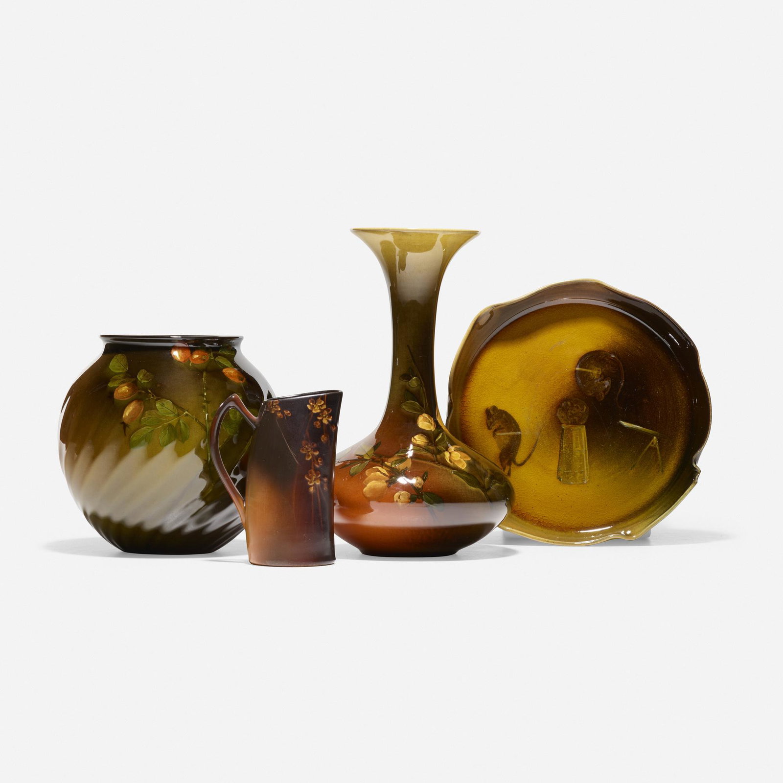 Rookwood Pottery, Standard Glaze works, set of four: Rookwood Pottery Standard Glaze works, set of four USA, 1893-97glazed earthenware Lot is comprised of William Purcell McDonald plate with mice (1893), Anna Marie Valentien vase with rosehips (1897), J