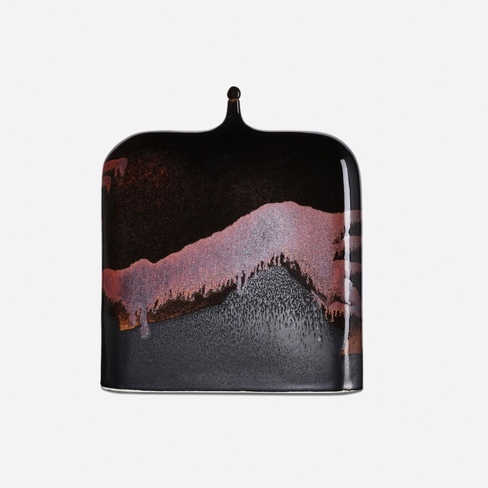 Brother Thomas Bezanson, large vase: Brother Thomas Bezanson large flask form vase with stopper Canada/USA, c. 1990Honan Tenmoku glazed porcelain15.5 h × 13 w × 3.5 d in (39 × 33 × 9 cm) Glazed ichthys symbol