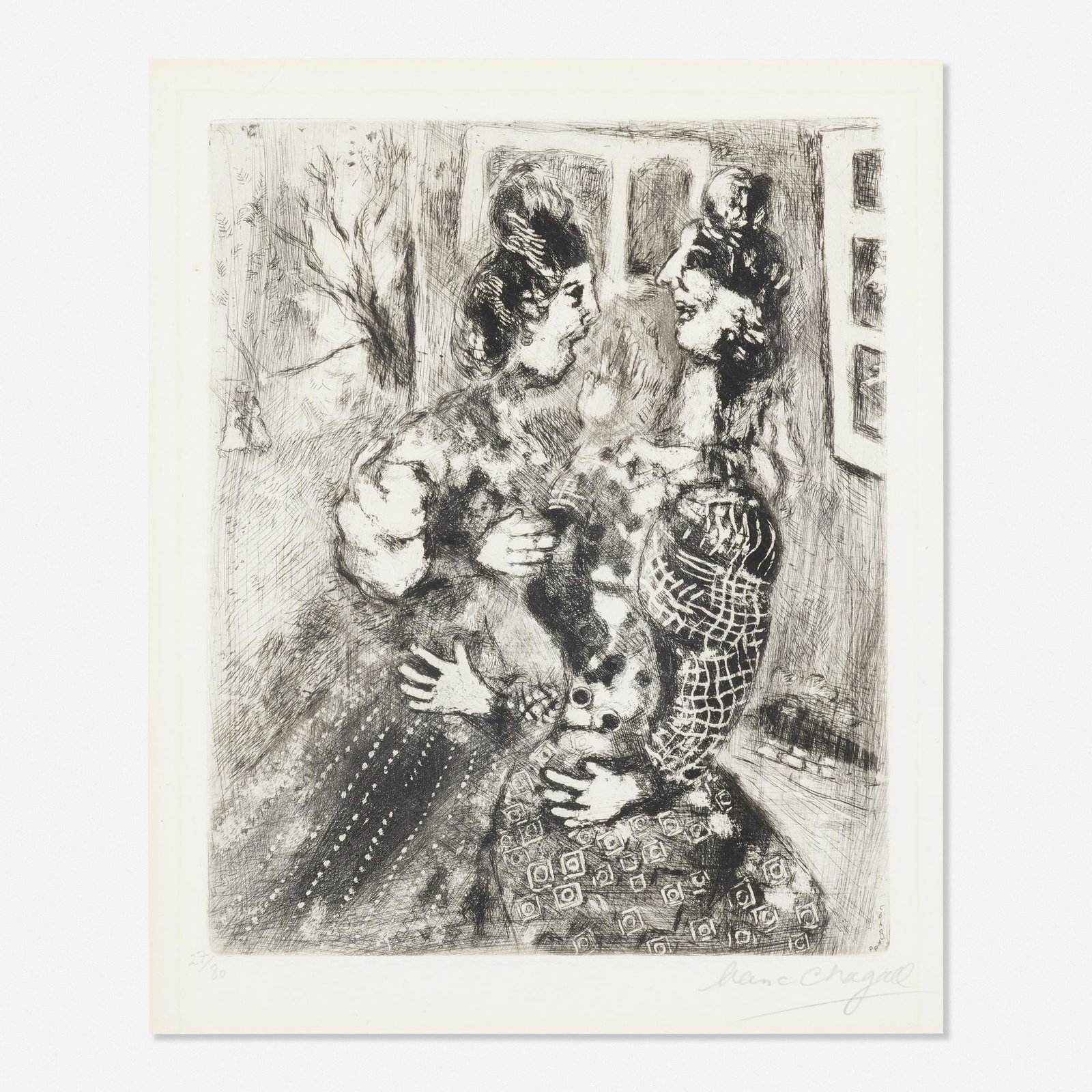 Marc Chagall, Les Femmes et le Secret: Marc Chagall Les Femmes et le Secret from Les Fables de la Fontaine c. 1927-30 etching 13.5 h × 11 w in (34 × 28 cm) Signed and numbered to lower edge '27/30 Chagall'. This work is numb