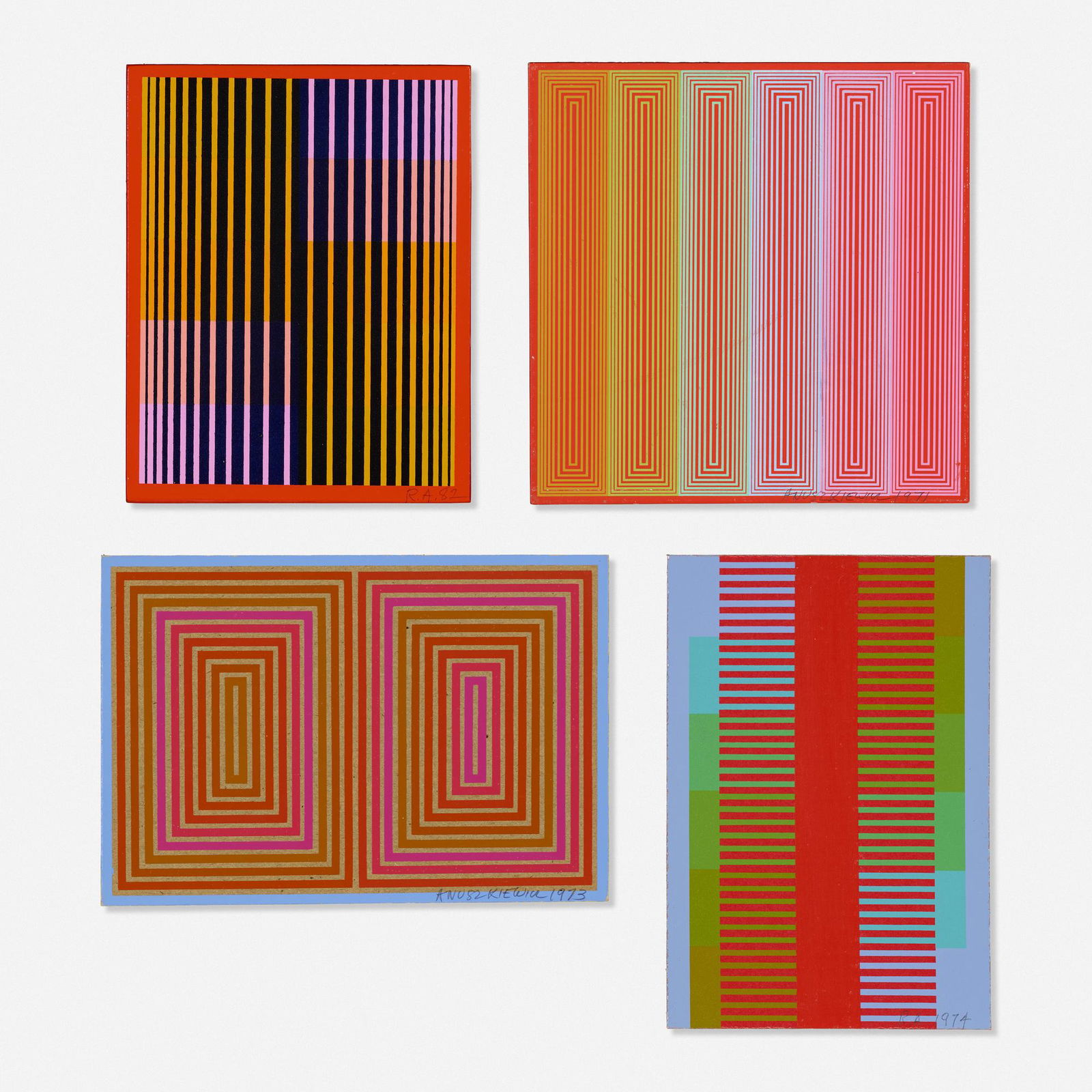 Richard Anuszkiewicz, Annual Editions (four works): Richard Anuszkiewicz Annual Editions (four works) 1971, 1973, 1974, 1982screenprint in colors on board7 h × 7 w in (18 × 18 cm) Signed and dated to lower right of three examples 'Anus