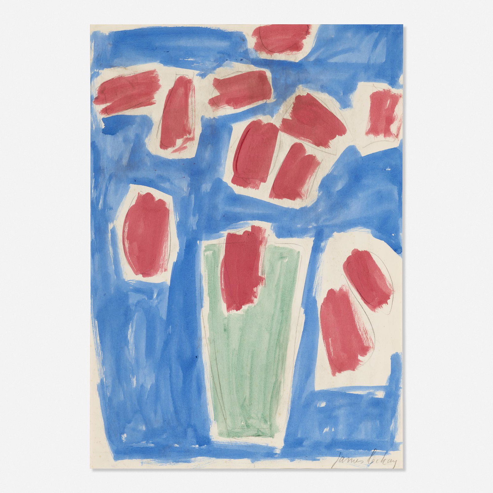 James Lechay, Still Life with Red Flowers: James Lechay Still Life with Red Flowers watercolor and graphite on paper28.5 h × 19.875 w in (72 × 50 cm) Signed to lower right 'James Lechay '. Provenance: Spanier