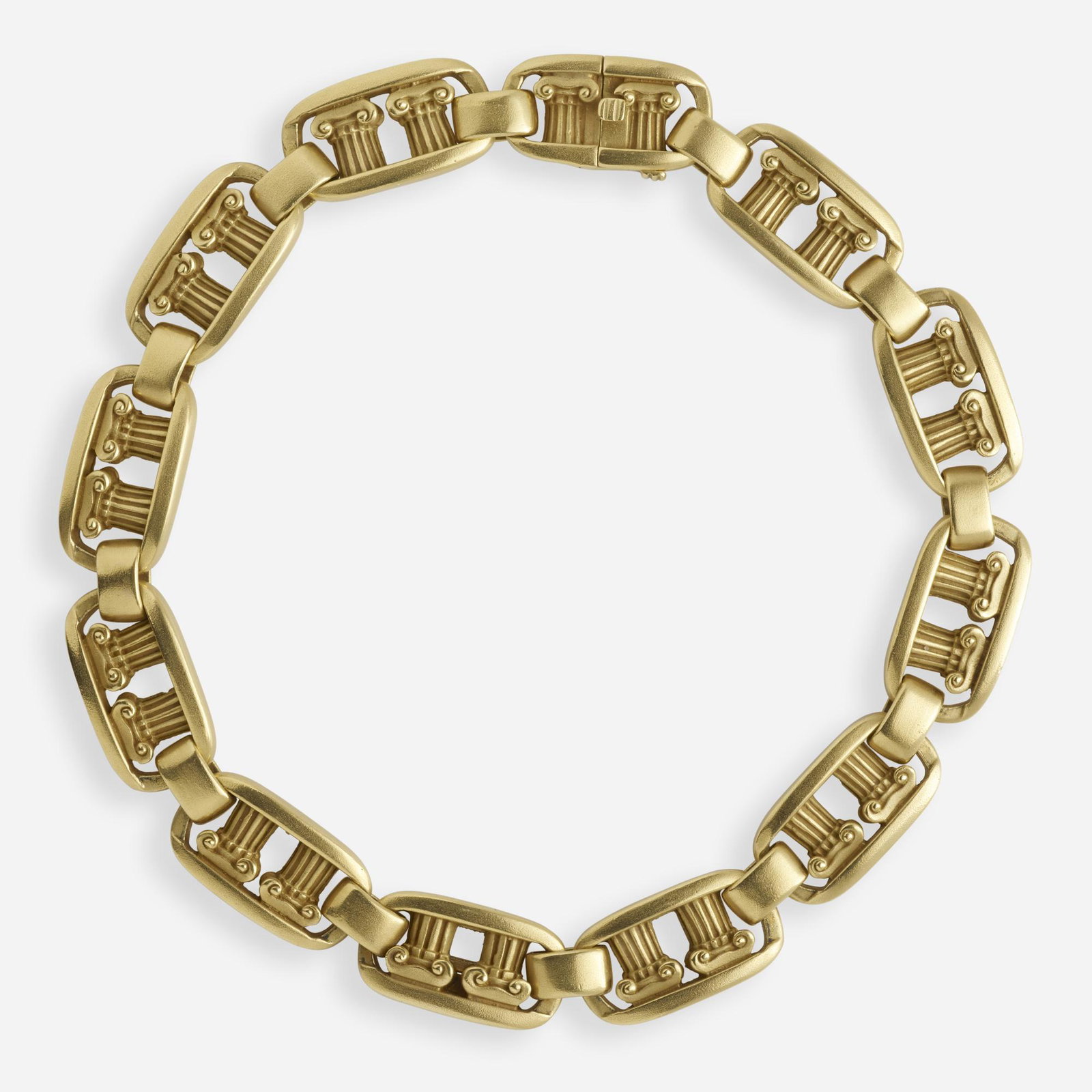 Barry Kieselstein Cord, Gold column necklace: Barry Kieselstein Cord Gold column necklace Each gold link with two sculpted columns, c. 1980 18k yellow gold Signed Kieselstein Cord With fitted and signed box 15 ins; Gross weight 139.9 dwts
