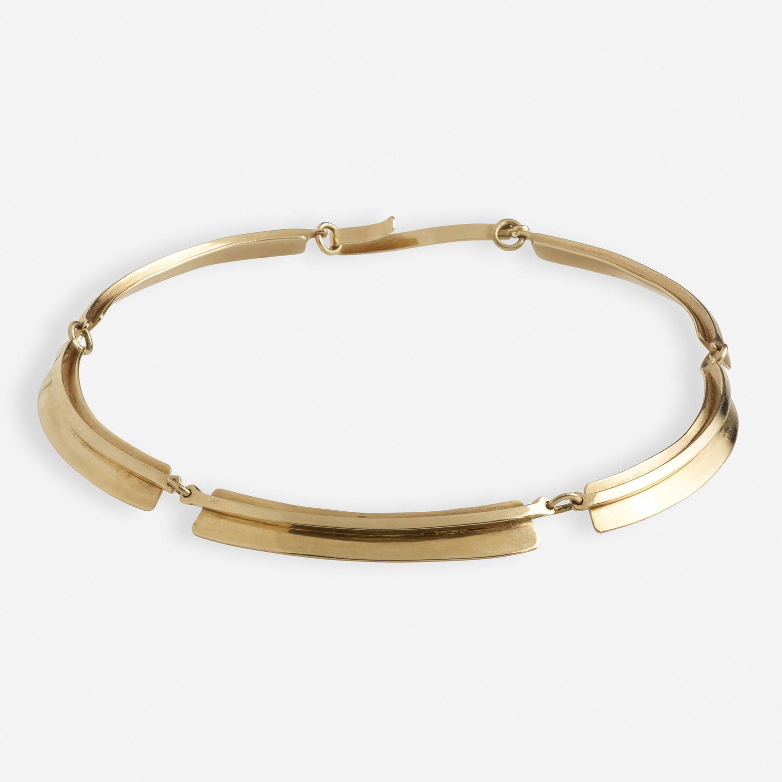 Ed Wiener, Gold necklace: Ed Wiener Gold necklace Designed with joined polished conforming panels 14k yellow gold Signed Ed Wiener 12 ins; Gross weight 30.9 dwts