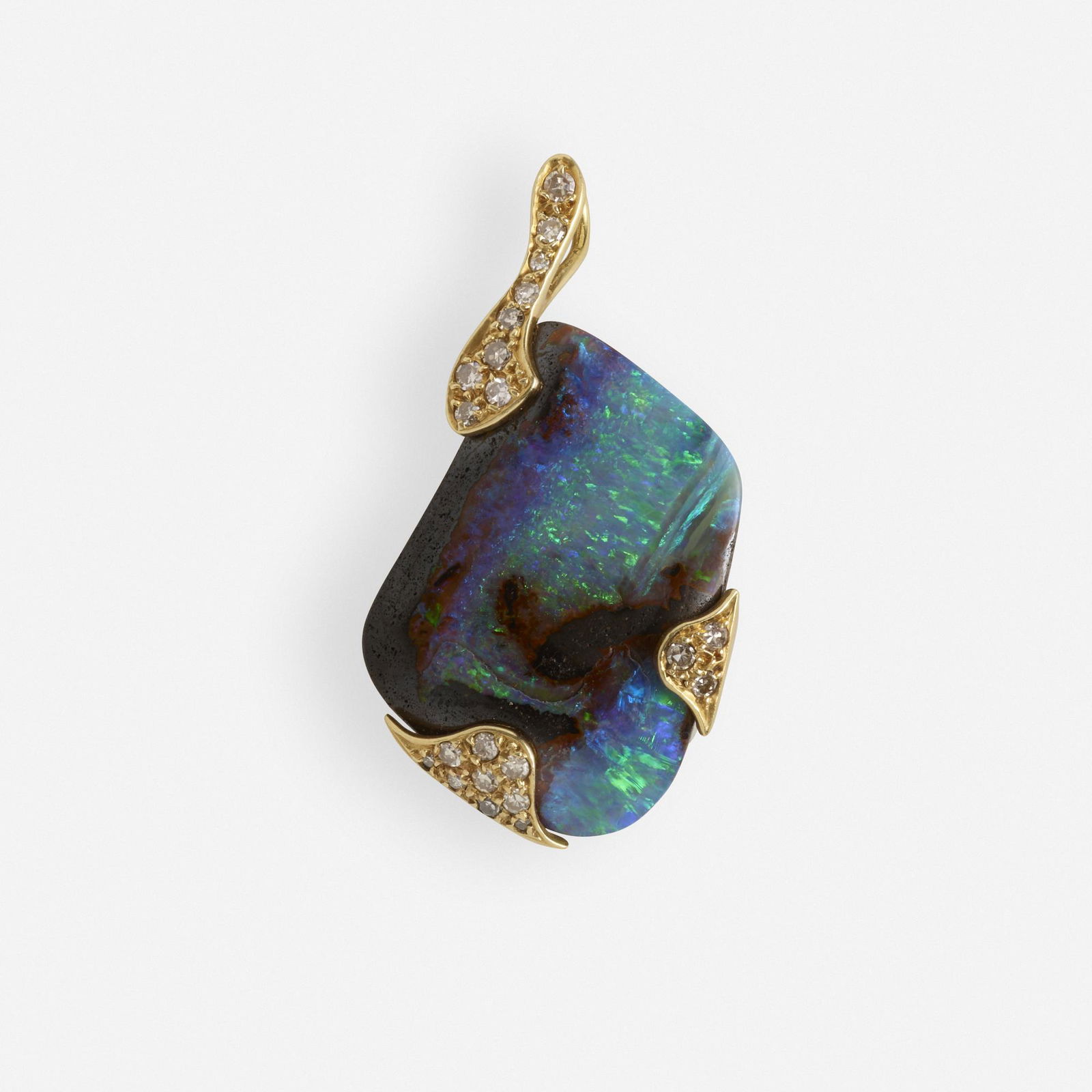 Andrew Grima, Opal and diamond pendant: Andrew Grima Opal and diamond pendant Set with a boulder opal in a pave-set diamond and gold mount 18k yellow gold Signed Grima 1 5/8 x 1 ins; Gross weight 7.0 dwts