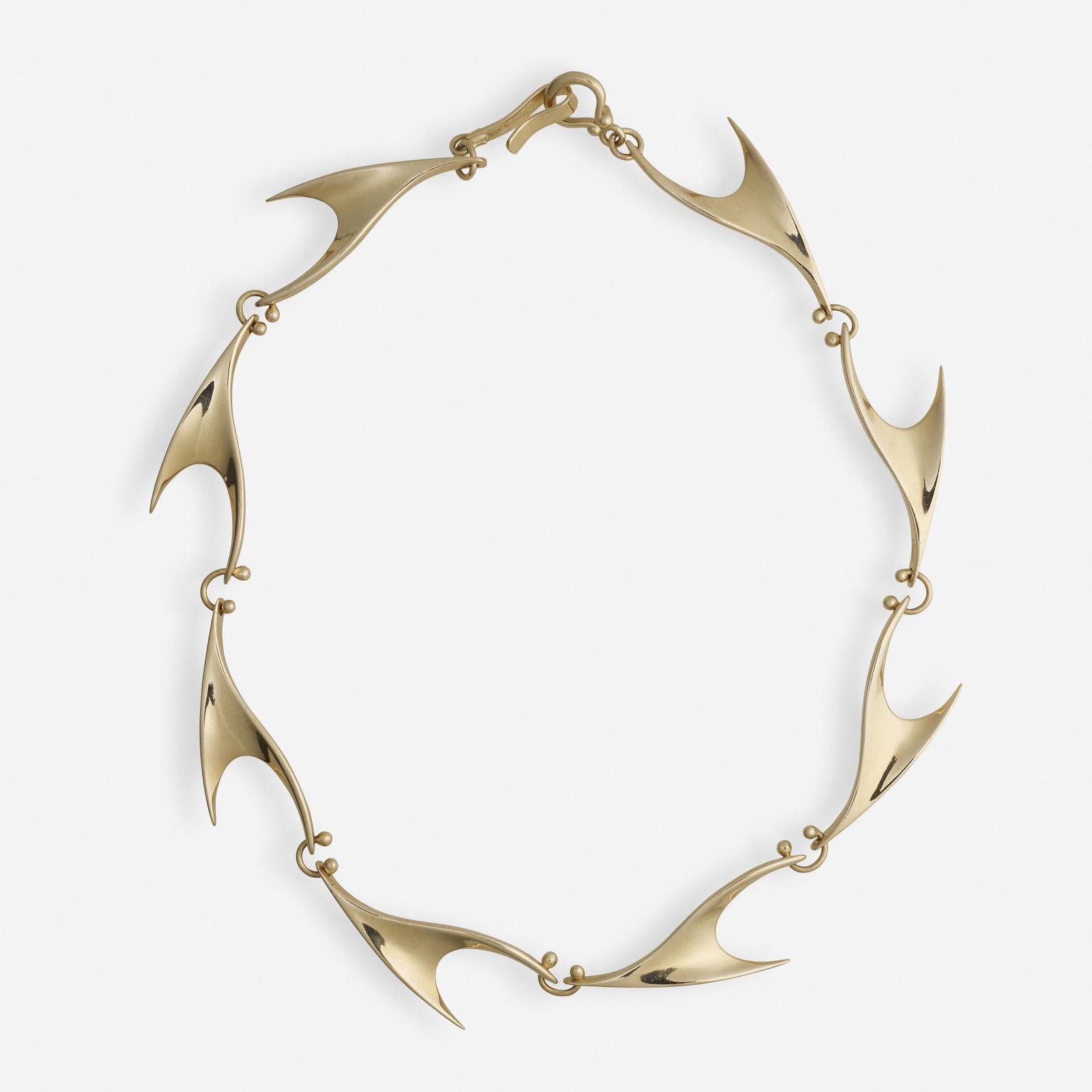 Ed Wiener, Gold necklace: Ed Wiener Gold necklace USA Of abstract wave links 14k yellow gold Signed Ed Wiener 14 1/2 ins; Gross weight 26.8 dwts