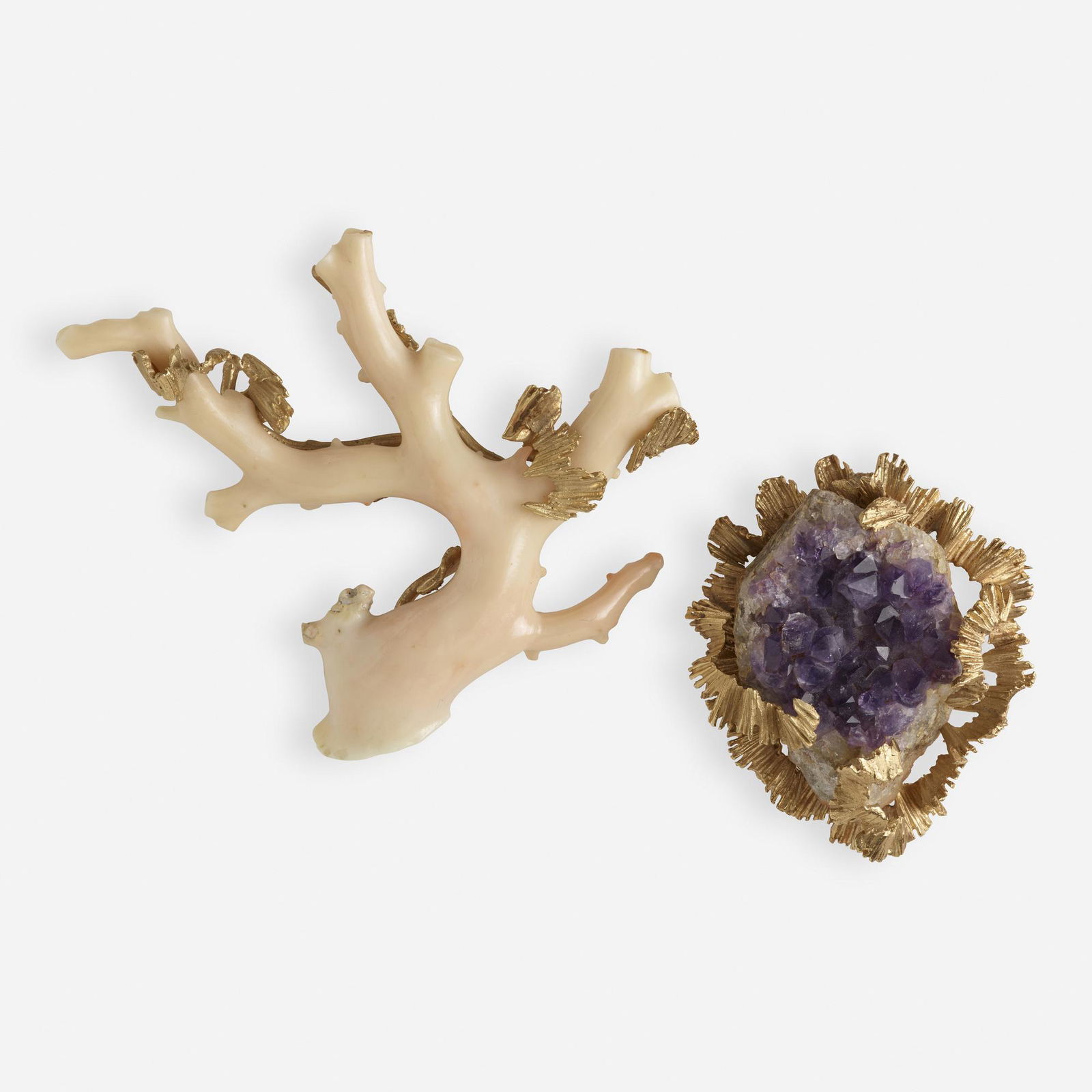 Pair of coral and amethyst gold brooches: Pair of coral and amethyst gold brooches Two abstract brooches with textured gold in the style of Arthur King Yellow gold Gross weight 69.5 dwts