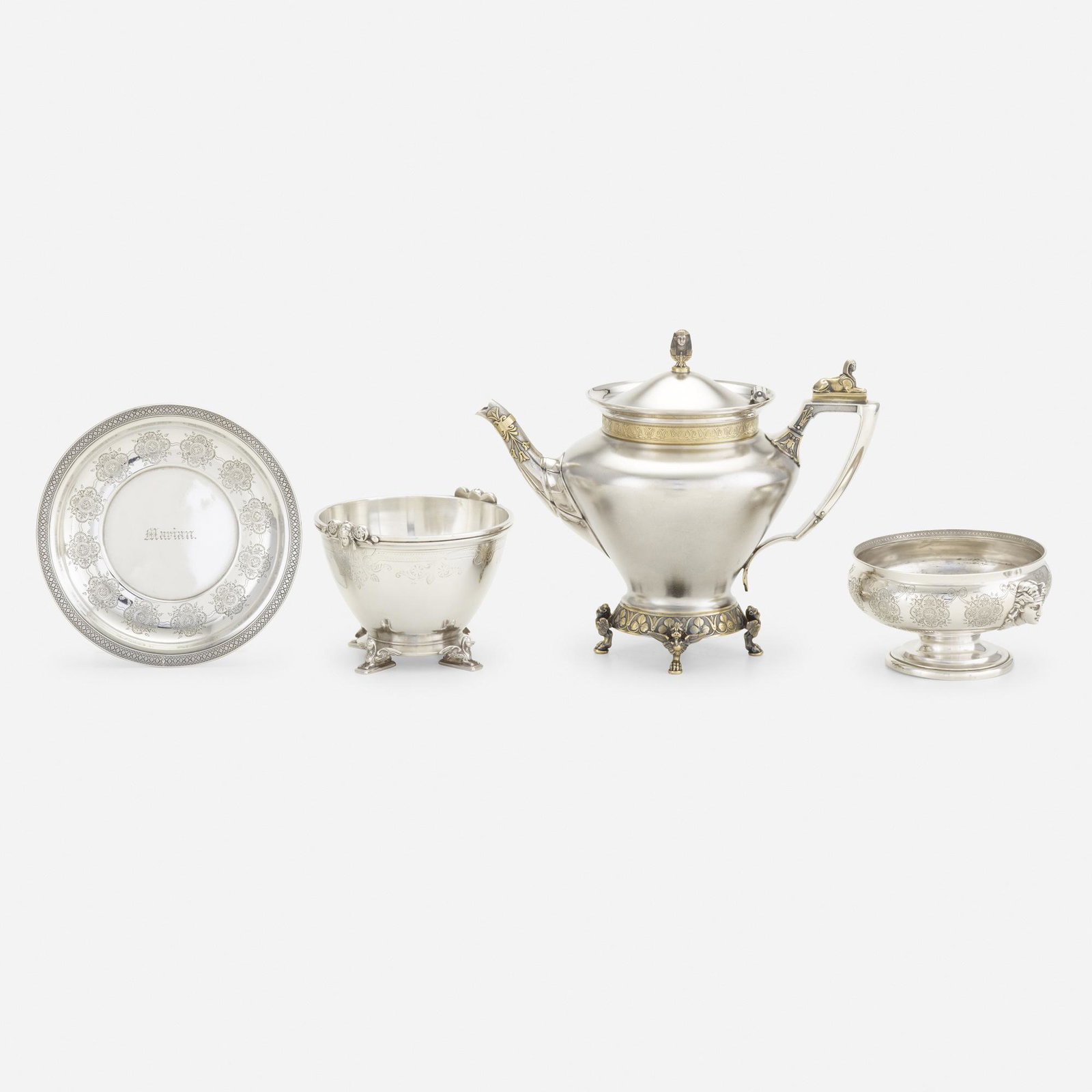 Gorham Manufacturing Company, teapot and sugar bowl: Gorham Manufacturing Company Egyptian-style teapot and sugar bowl Providence, USA, 1869-74 sterling silver The teapot and sugar bowl were a christening gift from Lucy Tuckerman (1858-1904) to Marian H
