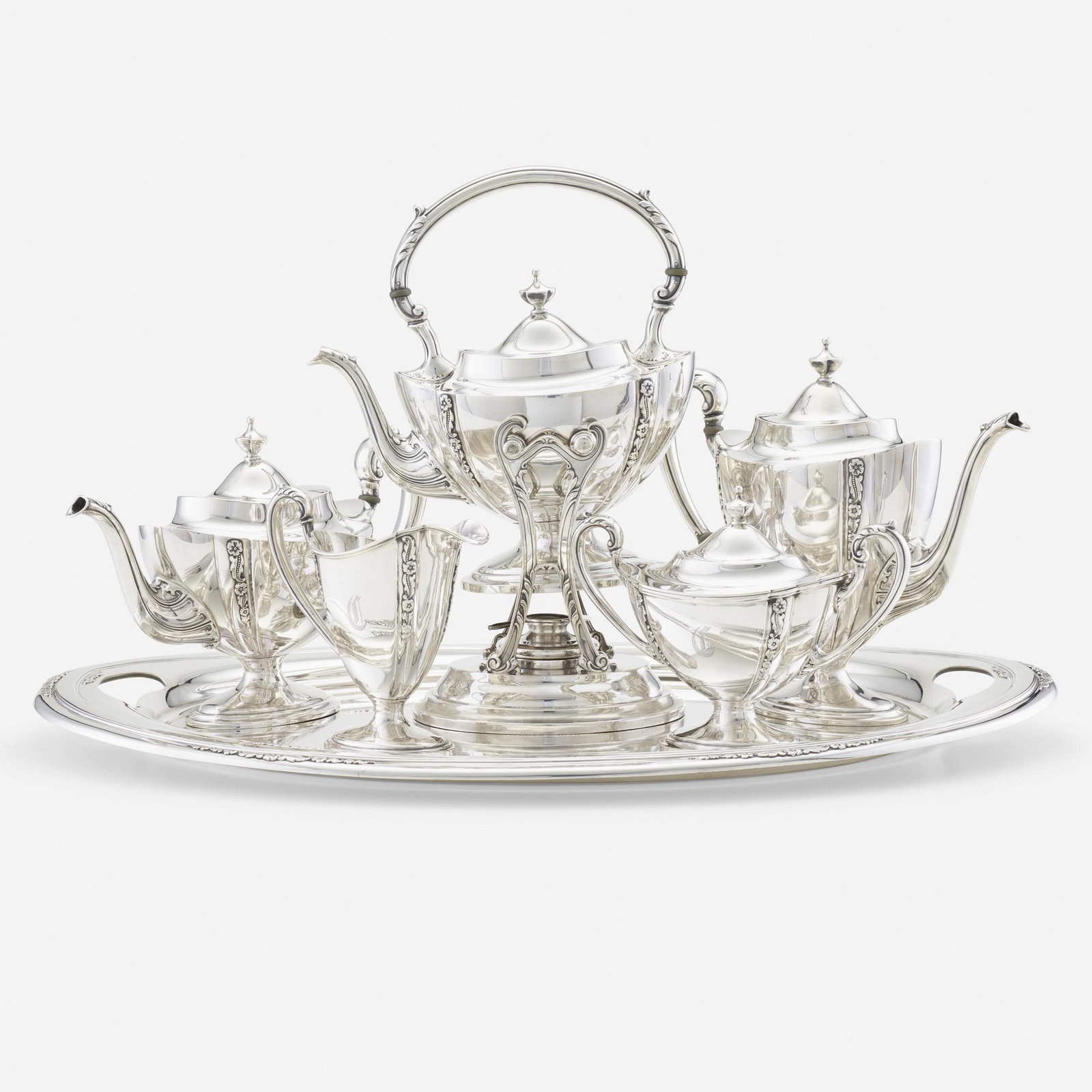 International Silver Company, Courtship tea and coffee: International Silver Company Courtship five-piece tea and coffee service with tray Meriden, USA, c. 1940 sterling silver Service is comprised of a kettle on stand, coffee pot, teapot, cream jug, cover