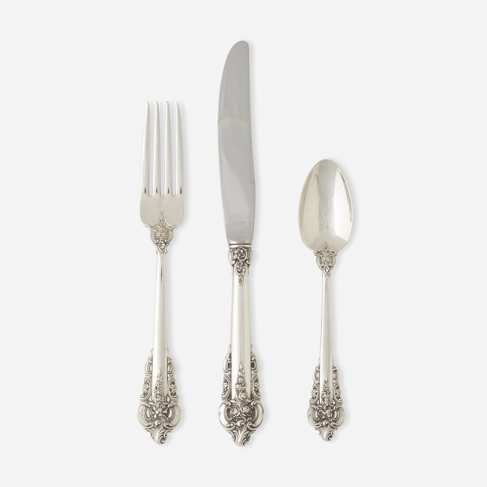 Wallace Silversmiths, Grand Baroque flatware service: Wallace Silversmiths Grand Baroque flatware service Wallingford, USA, c. 1950sterling silver Seven-piece service for twelve plus twelve additional utensils; ninety-six pieces total. All marked. 109 oz