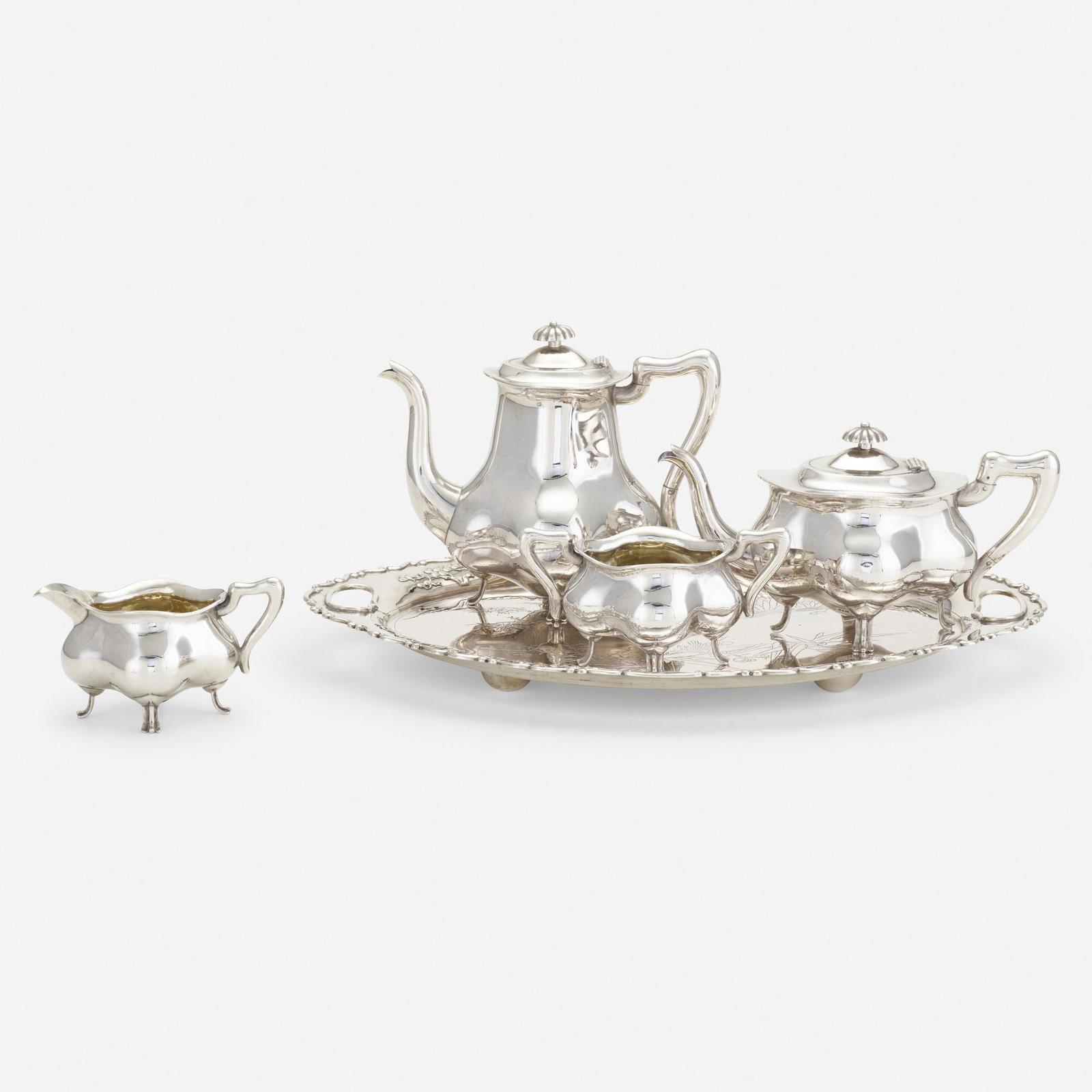 Wang Hing, four-piece tea and coffee service with tray: Wang Hing four-piece tea and coffee service with tray China, c. 1919 silver 7 h × 8.5 w × 4.75 d in (18 × 22 × 12 cm) Service is comprised of a coffee pot, teapot, open suga