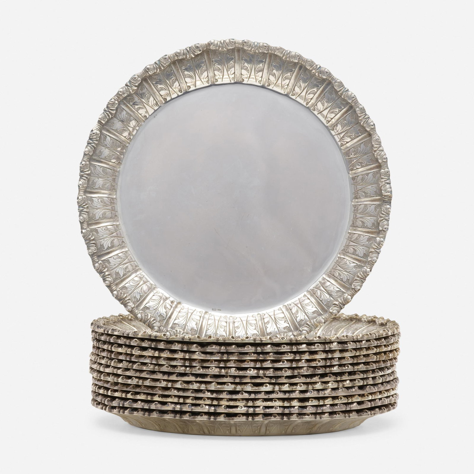 Italian, dessert plates, set of twelve: Italian dessert plates, set of twelve 1934-44 800 standard silver .5 h × 7.5 dia in (1 × 19 cm) Plates feature acanthus border. Marked to field on each example. 101.2 ozt.