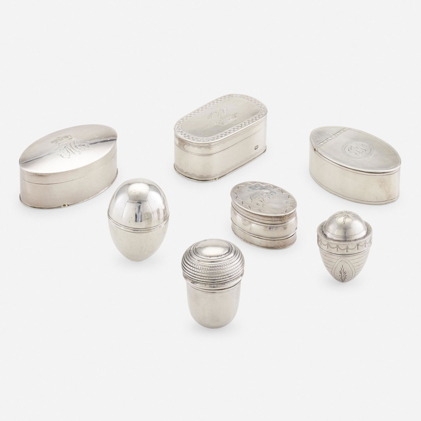 Georgian, nutmeg graters and snuff box: Georgian collection of six nutmeg graters and snuff box 18th/19th centurysterling silver1.25 h × 2.25 w in (3 × 6 cm) Navette form grater engraved 'ME' beneath a baron's coronet by Ph