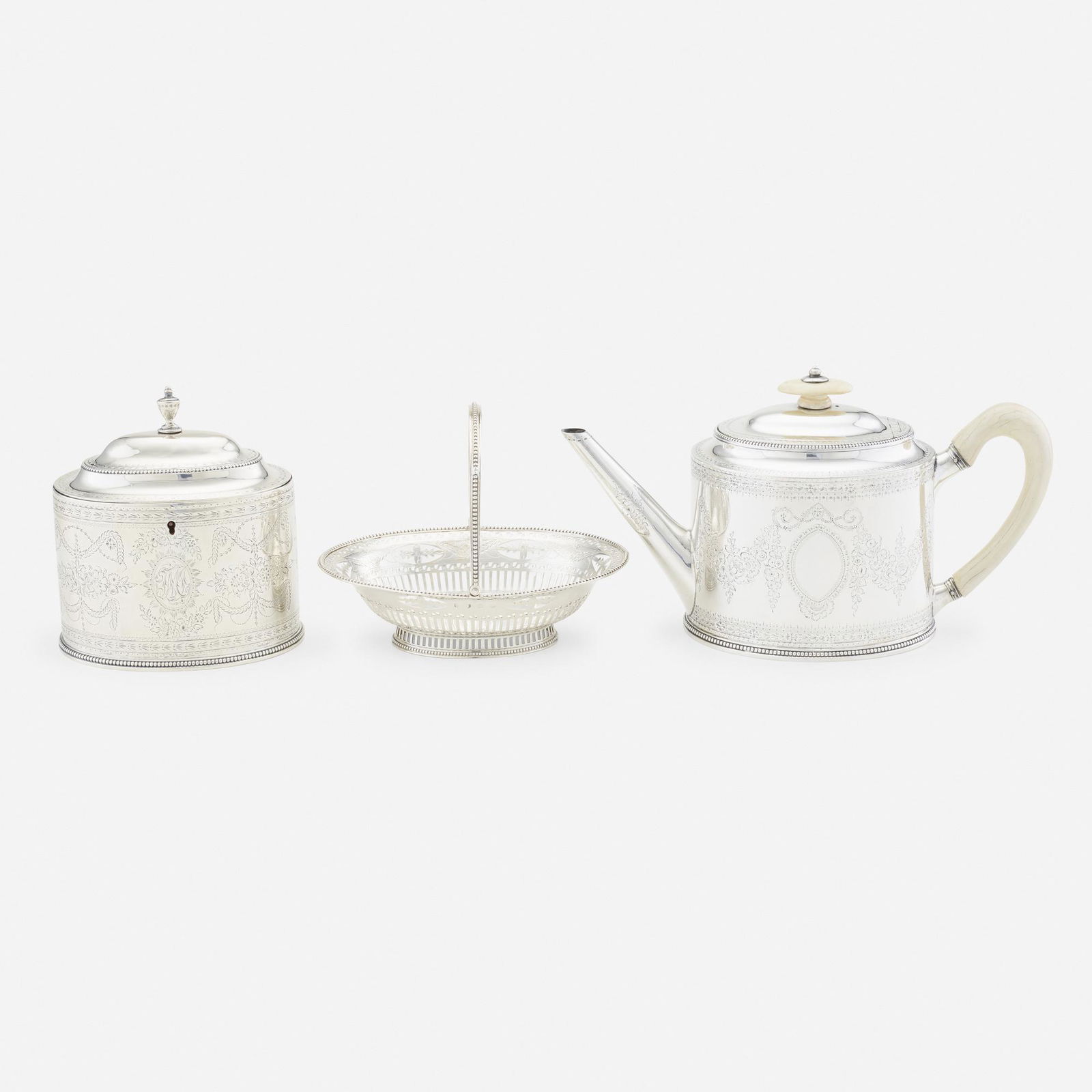 Hester Bateman, George III teawares: Hester Bateman George III teawares, collection of three London, England, 1783-4sterling silver5.5 h × 10 w × 4 d in (14 × 25 × 10 cm) Lot is comprised of a tea caddy with