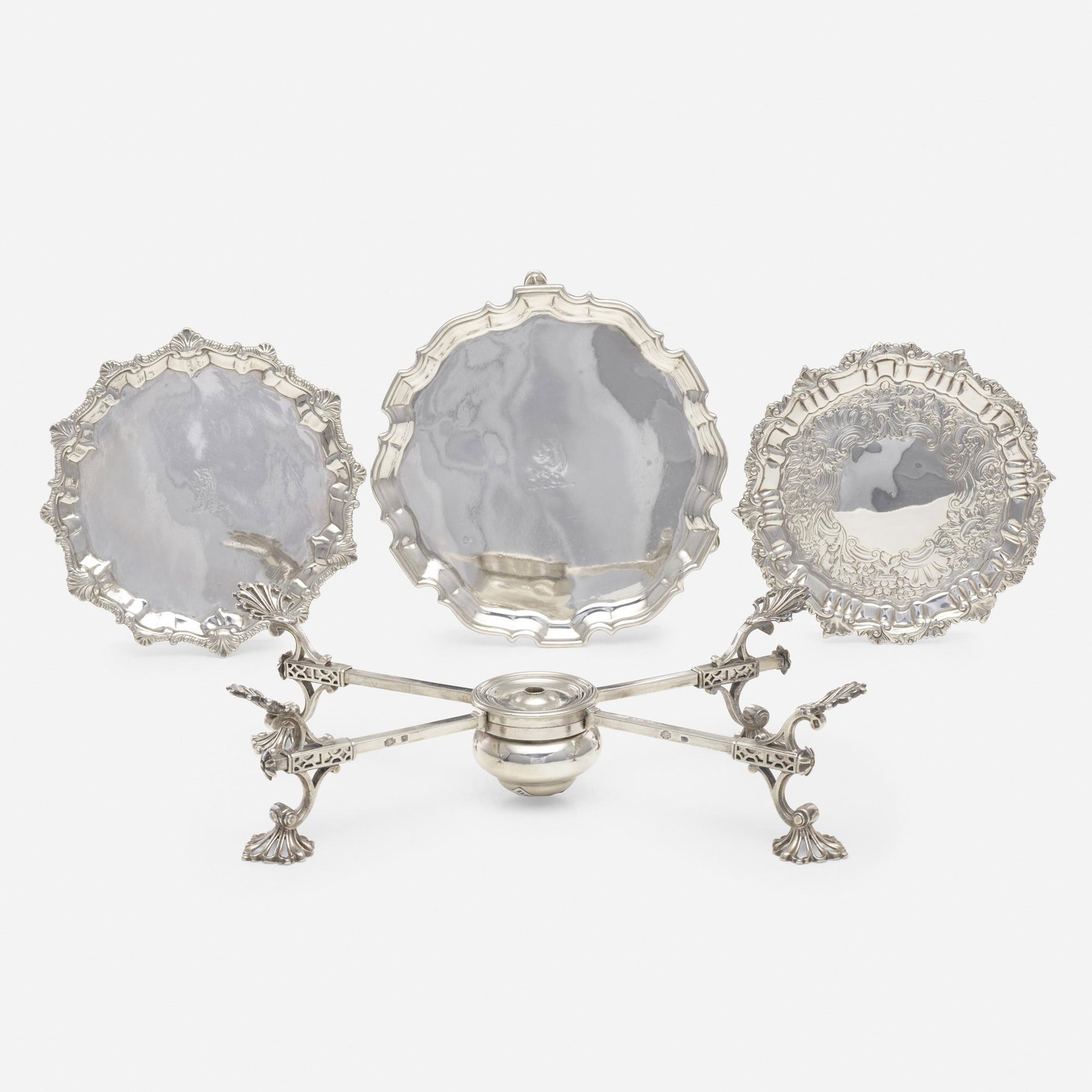 collection of Georgian silver: collection of Georgian silver 1738-1821 sterling silver Lot is comprised of of three waiters and a dish cross; 51.7 ozt. Circular waiter with crest, London, 1738 Circular waiter with crest, Thomas and