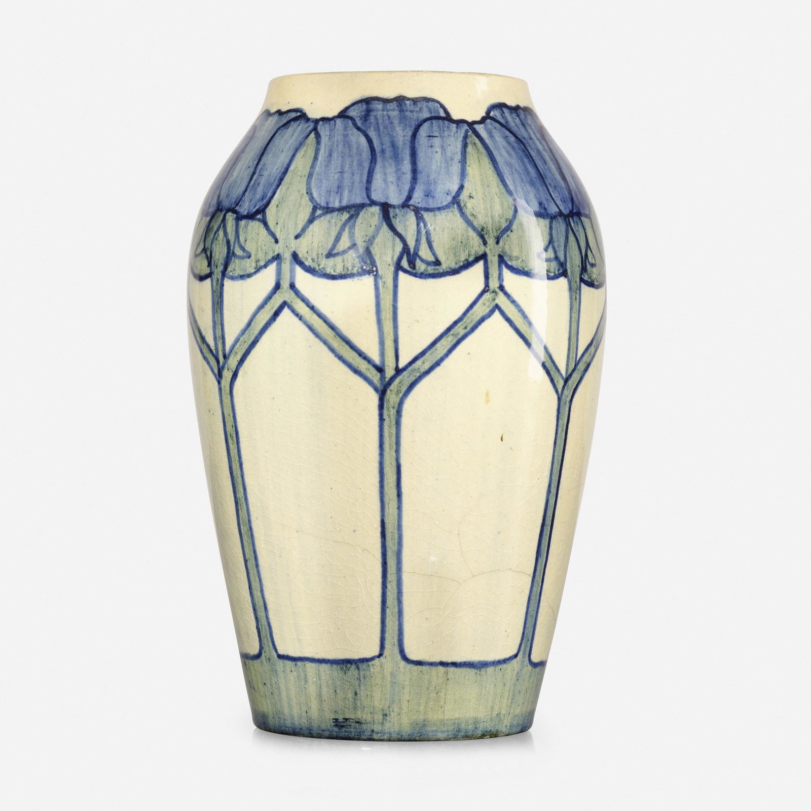 Ada Lonnegan For Newcomb College Pottery, Early vase: Ada Lonnegan For Newcomb College Pottery Early vase with tulips USA, 1904 glazed earthenware 7.25 h × 4.5 dia in (18 × 11 cm) Impressed manufacturer's mark to underside 'NC JM Q'. Glaze