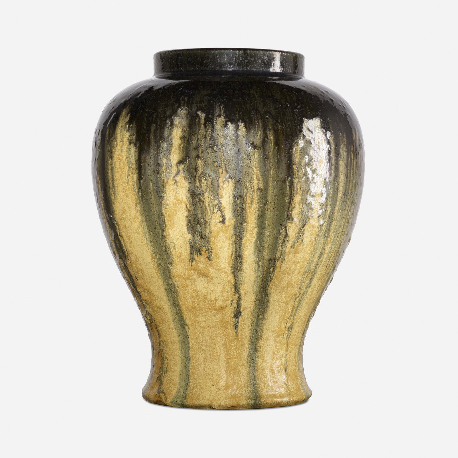 Fulper Pottery, vase: Fulper Pottery vase USA, 1917-23 Butterscotch Flambe glazed earthenware 11.75 h × 8.75 dia in (30 × 22 cm) Raised vertical racetrack mark to underside 'Fulper'. Provenanc