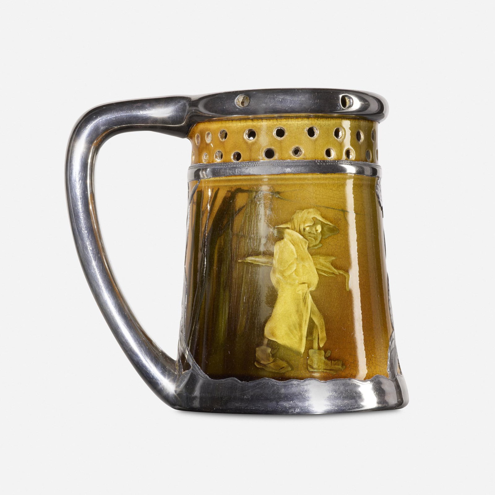 Harriet Wilcox for Rookwood Pottery, Standard Glaze mug: Harriet Elizabeth Wilcox for Rookwood Pottery Standard Glaze mug with silver overlay USA, 1894 glazed earthenware, silver 5 h × 5.5 w × 4 d in (13 × 14 × 10 cm) Mug features