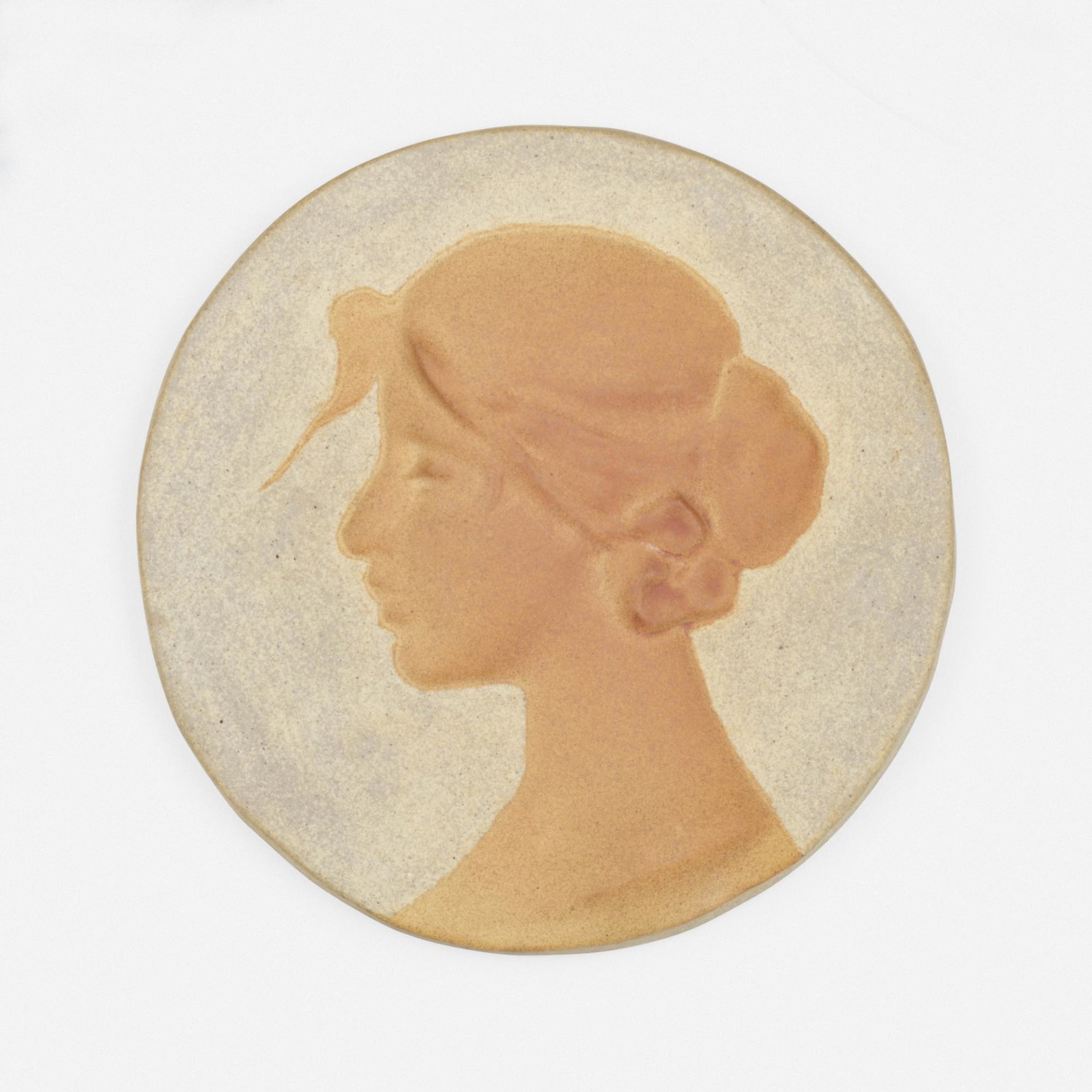 Artus Van Briggle for Van Briggle Pottery, Rare plaque: Artus Van Briggle for Van Briggle Pottery Early and Rare portrait plaque USA, 1902 unglazed stoneware, glazed earthenware .5 d × 6 dia in (1 × 15 cm) Incised signature, date and number