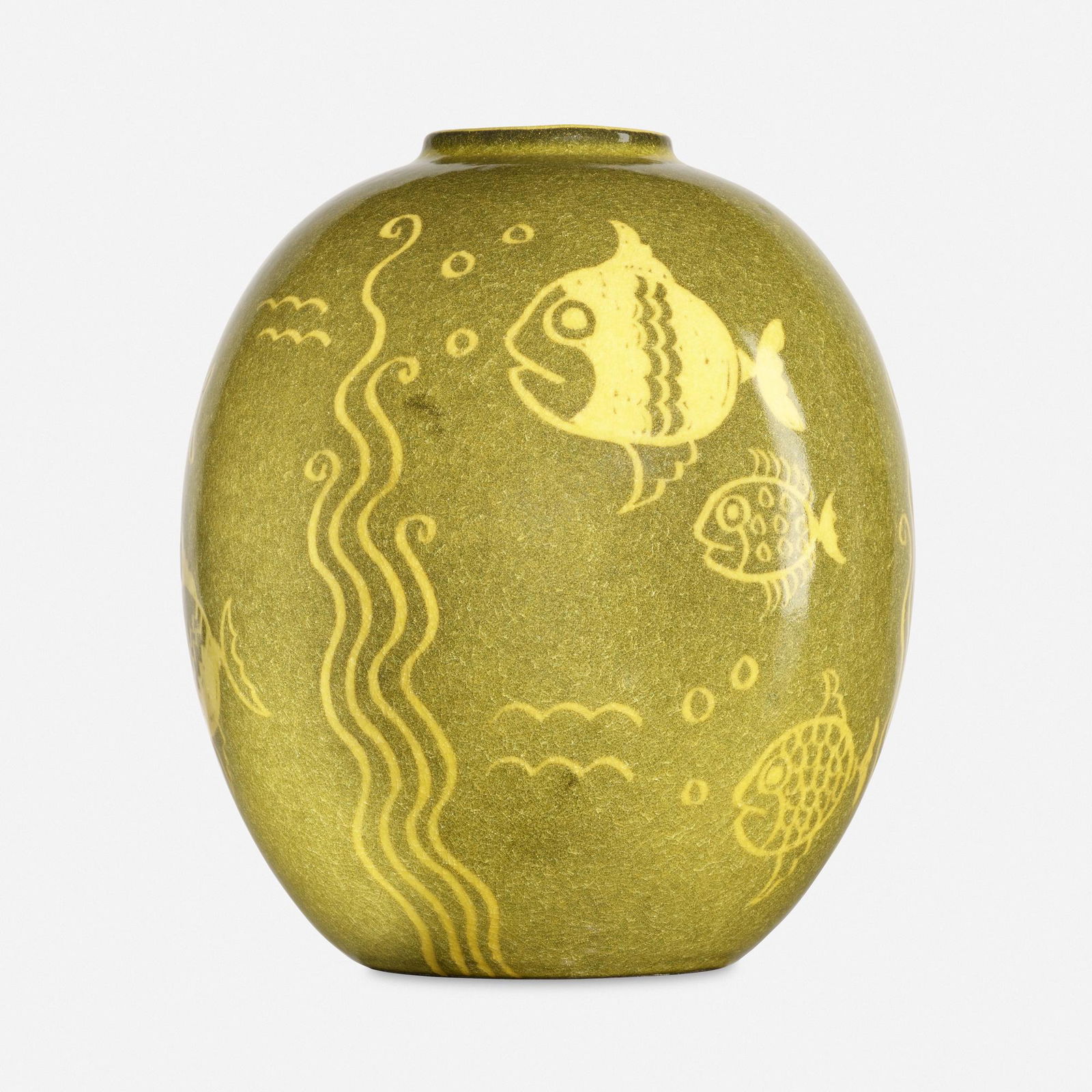 Viktor Schreckengost for Cowan Pottery, vase with fish: Viktor Schreckengost for Cowan Pottery vase with fish USA, c. 1931sgraffito decorated glazed earthenware6.5 h × 5.25 dia in (17 × 13 cm) Faint impressed manufacturer's mark to undersi