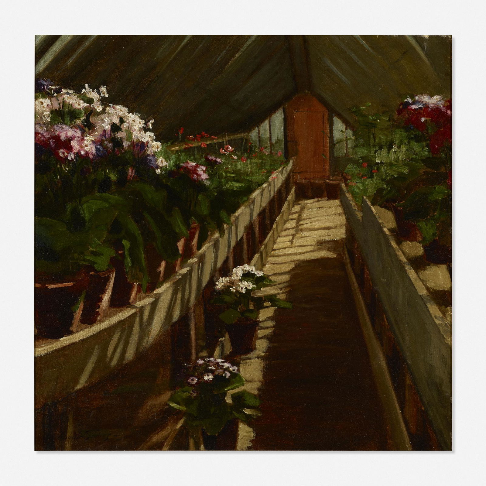 Abbott Fuller Graves, Untitled (greenhouse): Abbott Fuller Graves Untitled (greenhouse) oil on canvas17 h × 17.125 w in (43 × 43 cm) Signed to lower left 'Abbott Graves'.