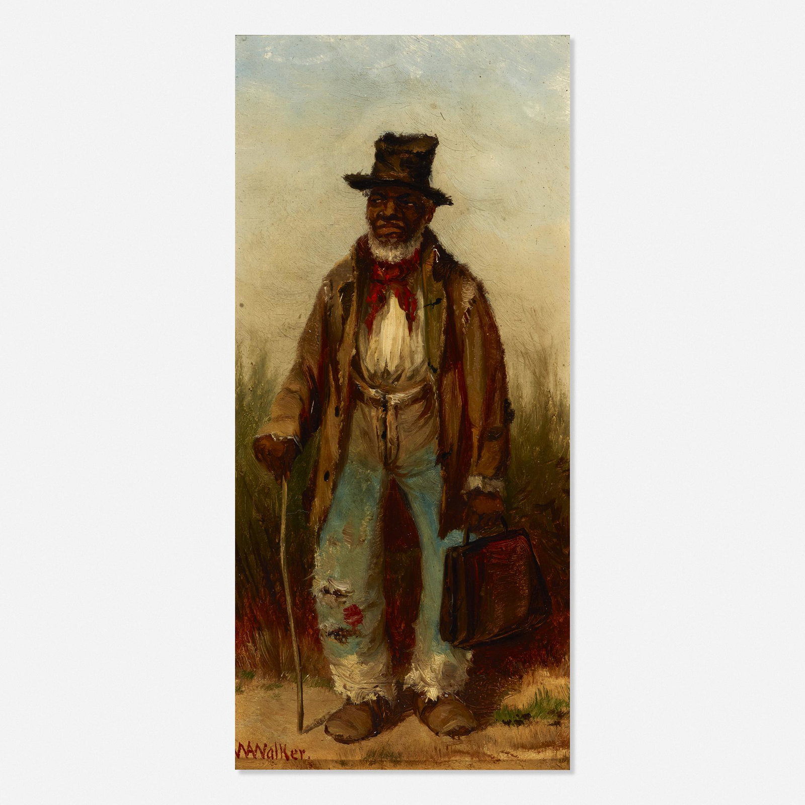 William Aiken Walker, Man in Hat: William Aiken Walker Man in Hat 1887 oil on board in period frame 8.25 h × 4.125 w in (21 × 10 cm) Signed to lower left 'WA Walker'. Dated to verso Jan 7th 87'