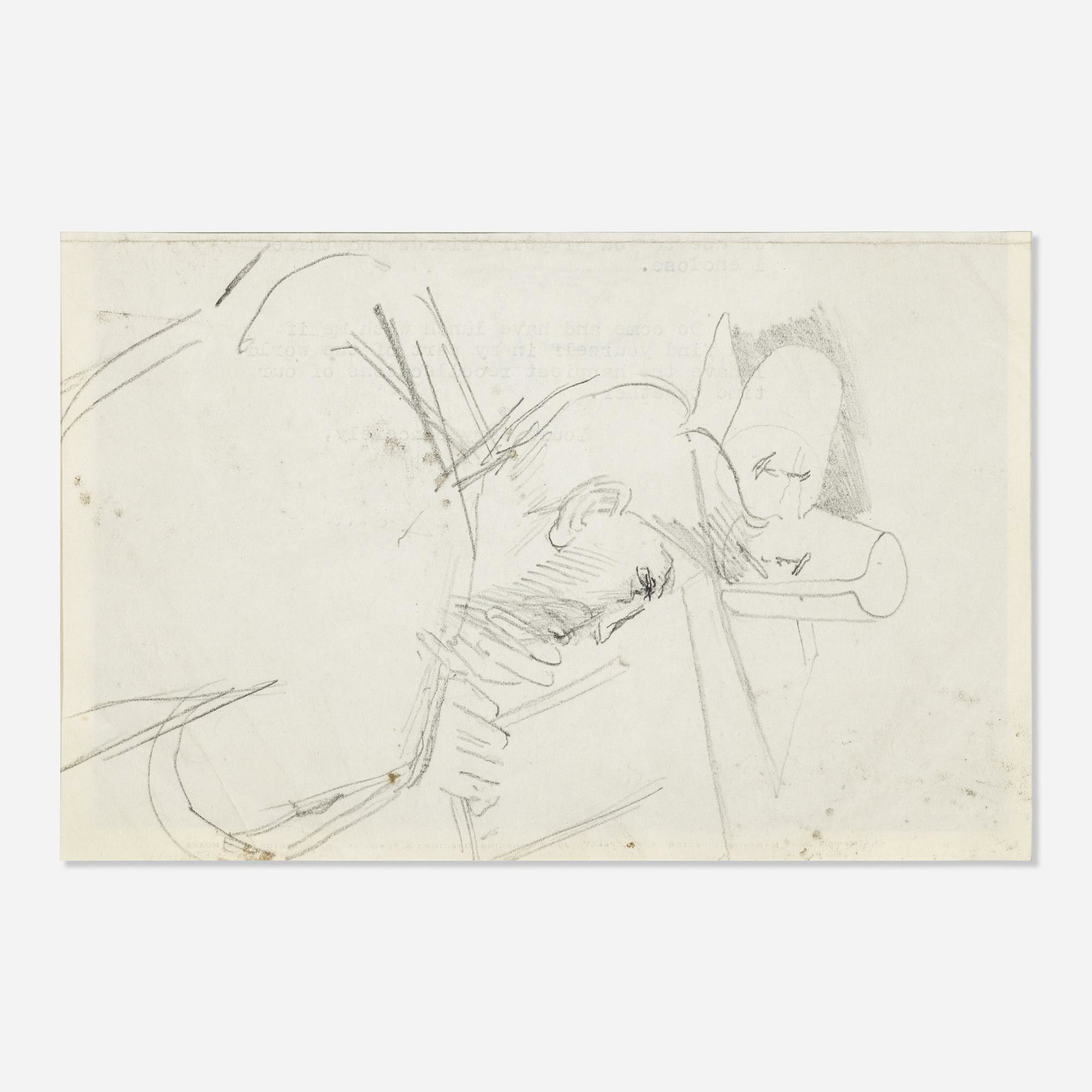 Sir Stanley Spencer, Untitled (sketch of a man): Sir Stanley Spencer Untitled (sketch of a man) graphite on typewritten letter 7.5 h × 4.875 w in (19 × 12 cm) Stamped to verso 'Stanley Spencer Studio Sale'. This work was sketched on the 