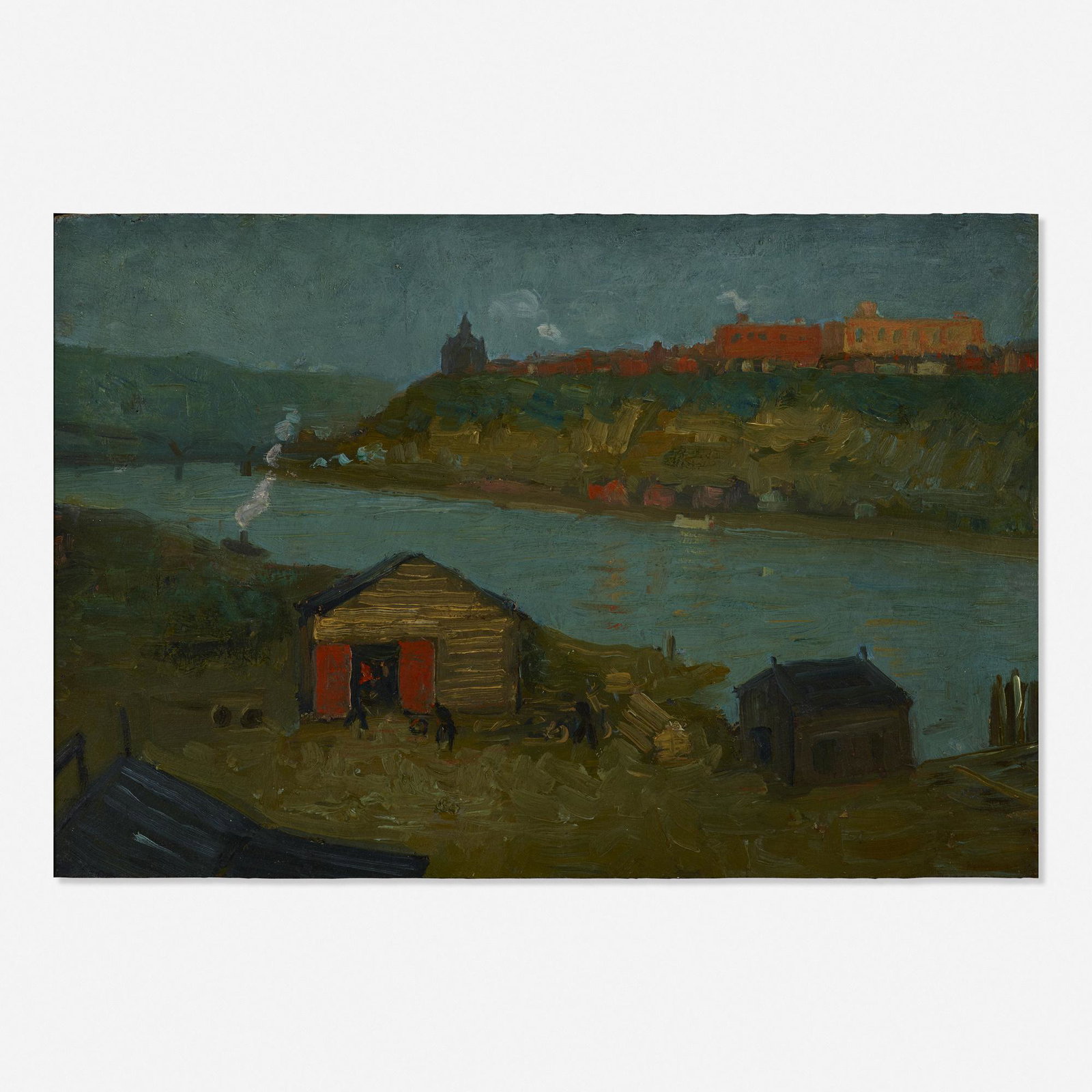 Aaron Harry Gorson, Warehouse on a River: Aaron Harry Gorson Warehouse on a River oil on panel 12.25 h × 18.125 w in (31 × 46 cm) Provenance: Spanierman Gallery, New York | Private Collection, Pennsylvania