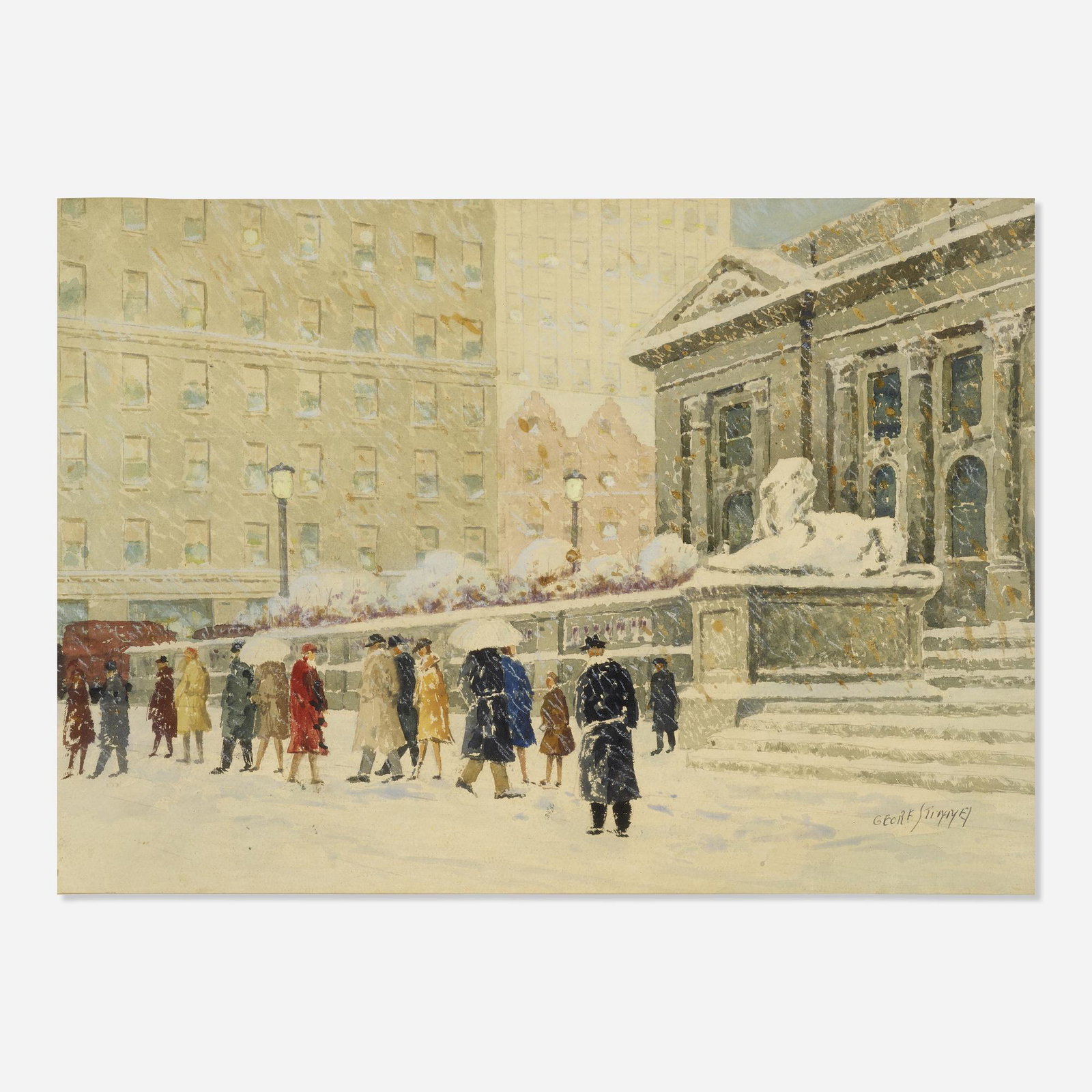 George Stimmel, New York Public Library in the Snow: George Stimmel New York Public Library in the Snow watercolor and graphite on paper board14 h × 20 w in (36 × 51 cm) Signed to lower right 'Geore (sic) Stimmel '. Provenance: