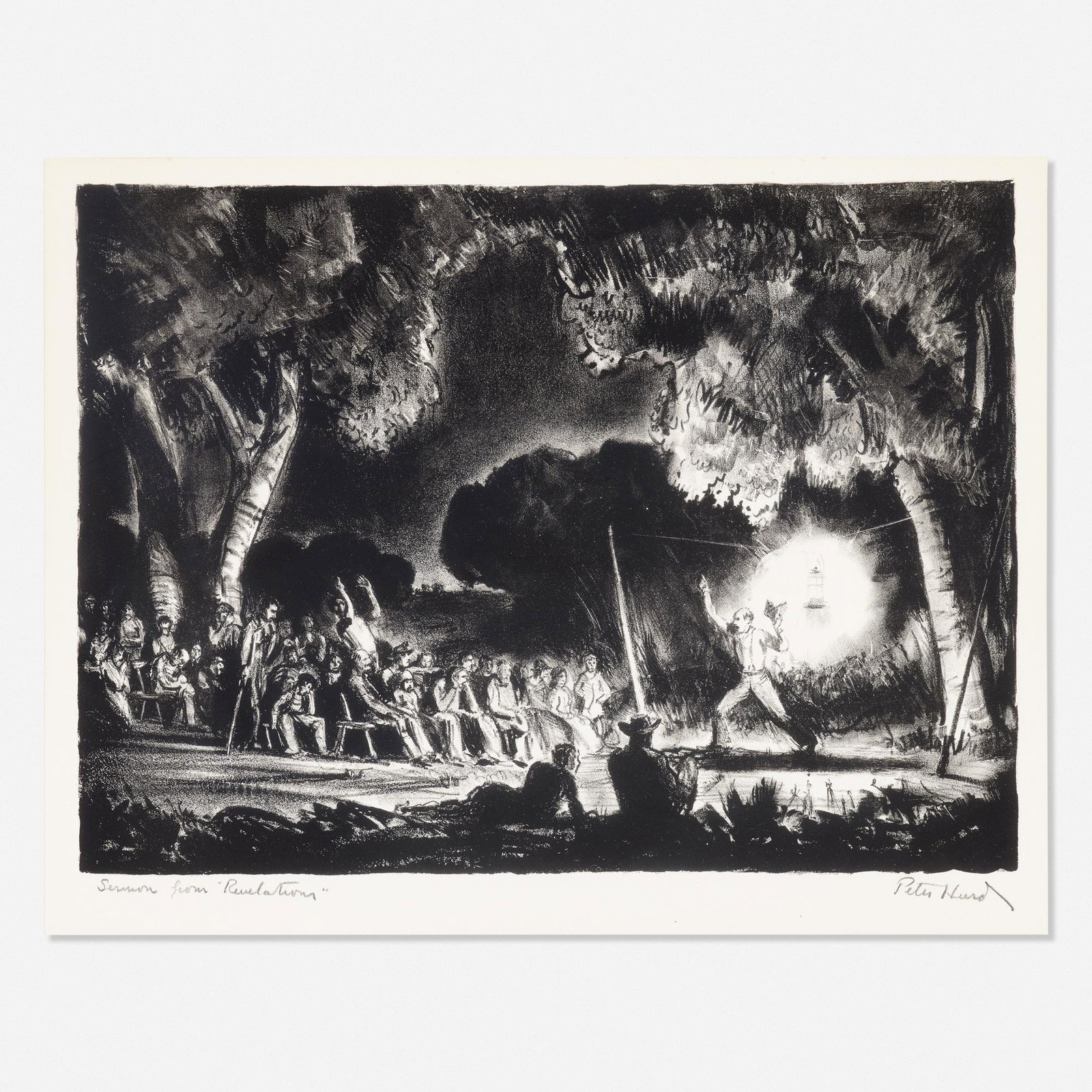 Peter Hurd, Sermon from Revelations: Peter Hurd Sermon from Revelations 1937 lithograph 11.125 h × 14.25 w in (28 × 36 cm) Signed and titled to lower edge 'Sermon from Revelations Peter Hurd'. This work was published by As