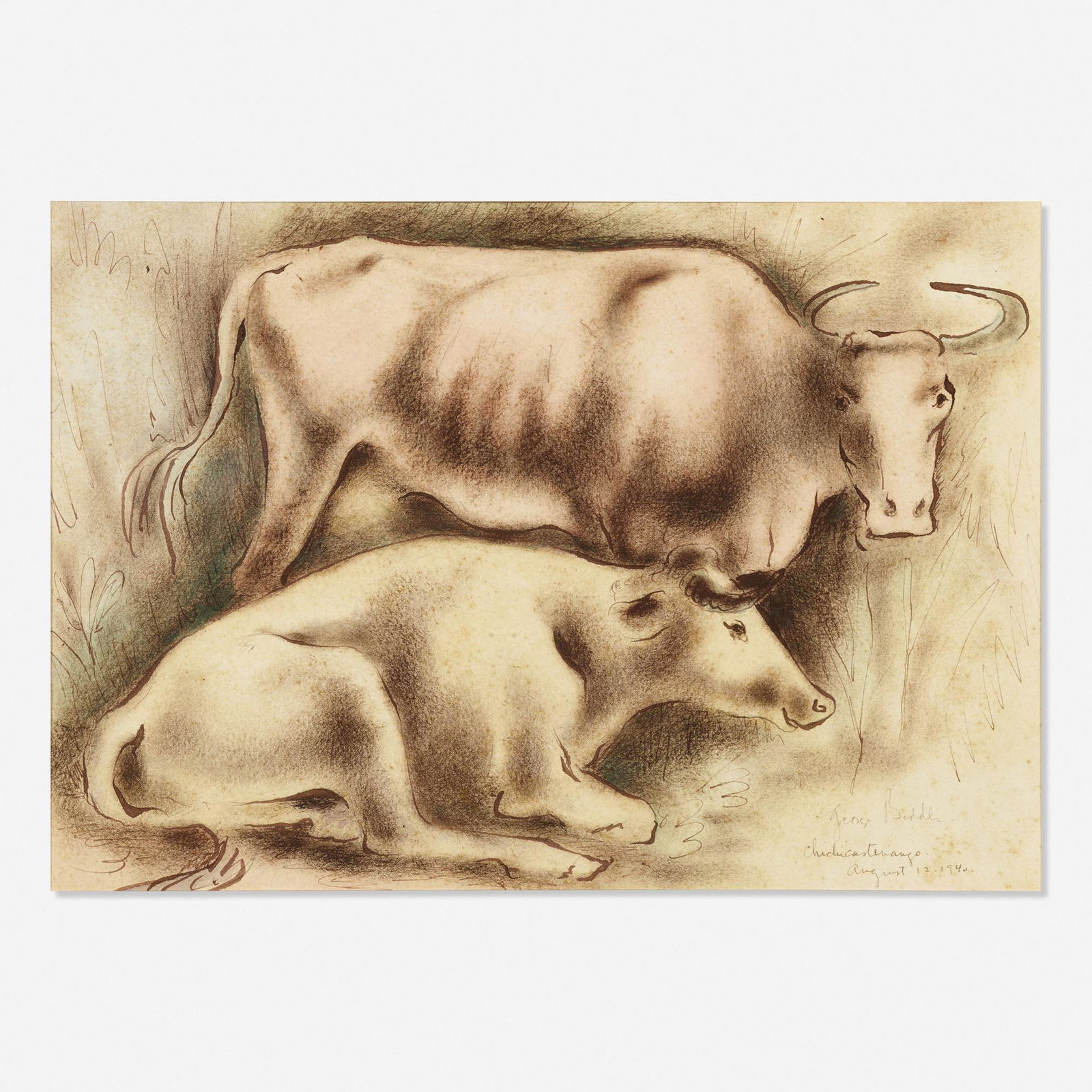 George Biddle, Untitled (two cows): George Biddle Untitled (two cows) 1940watercolor and ink on paper7.875 h × 11.375 w in (20 × 29 cm) Signed, titled and dated to lower edge 'George Biddle August 12, 1940'.