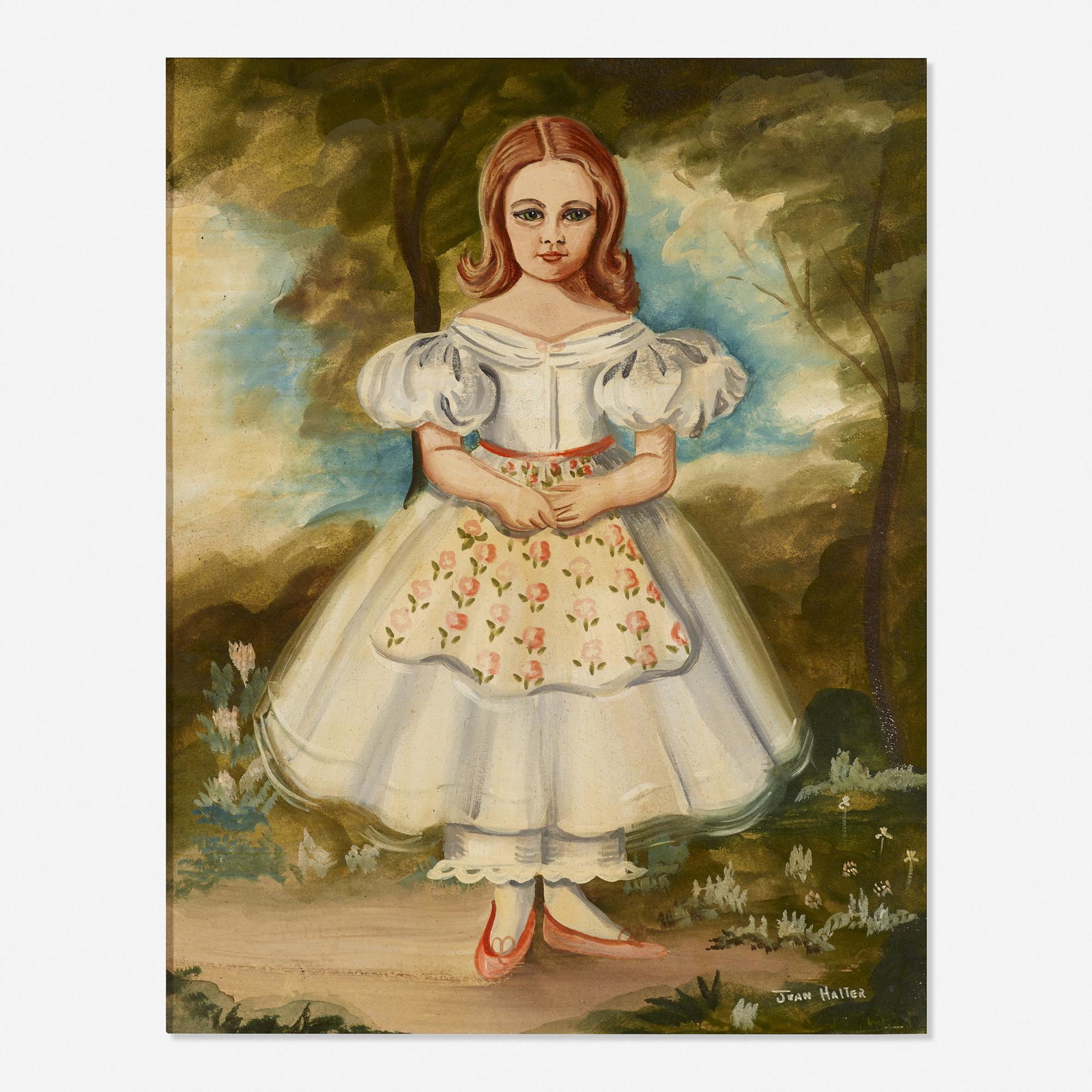 Jean Halter, The White Dress: Jean Halter The White Dress oil on board 9.75 h × 8 w in (25 × 20 cm) Signed to lower right 'Jean Halter'.
