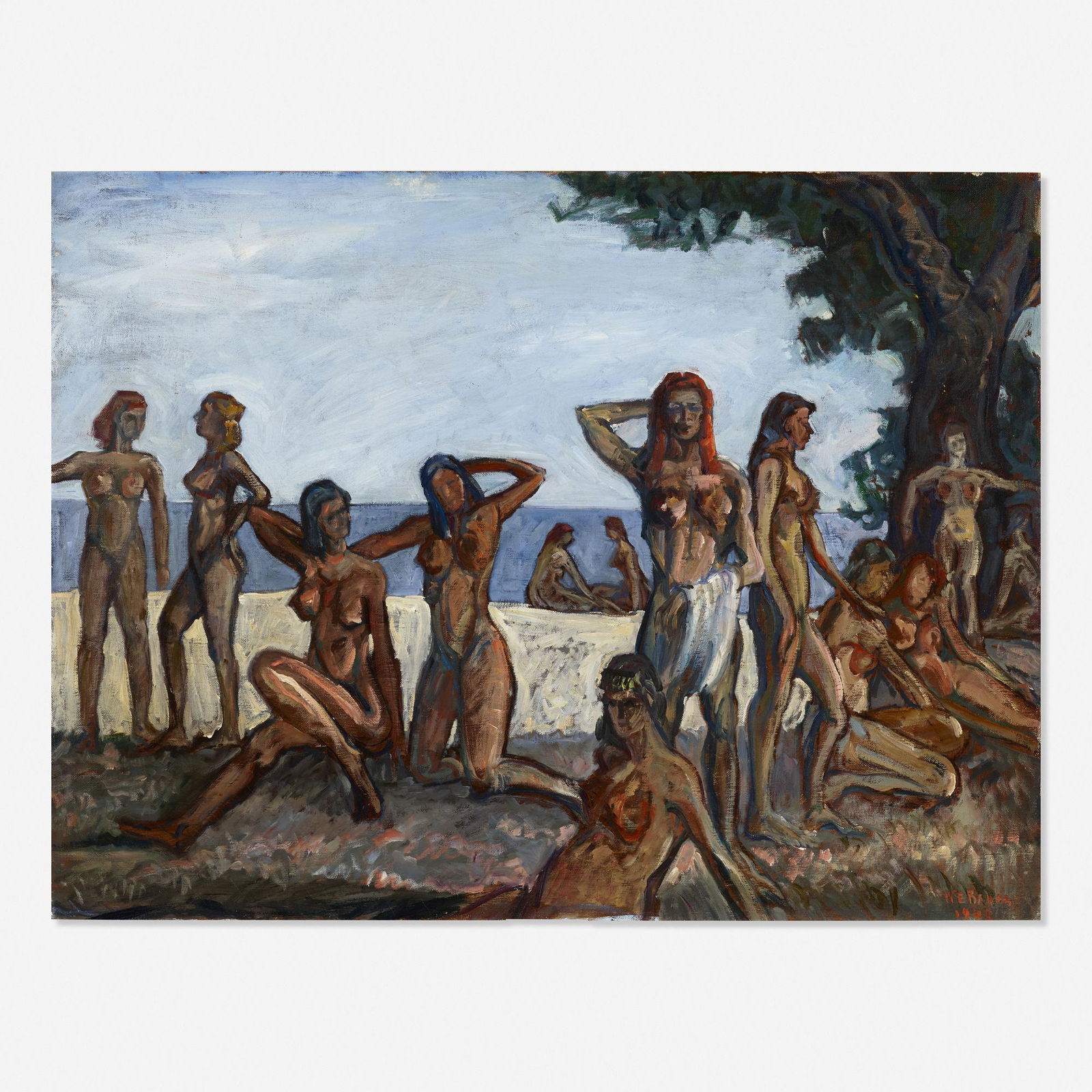 Walter Emerson Baum, Nudes on the Beach: Walter Emerson Baum Nudes on the Beach 1948oil on canvas laid to board36.125 h × 48 w in (92 × 122 cm) Signed and dated to lower right 'W.E. Baum 1948'.