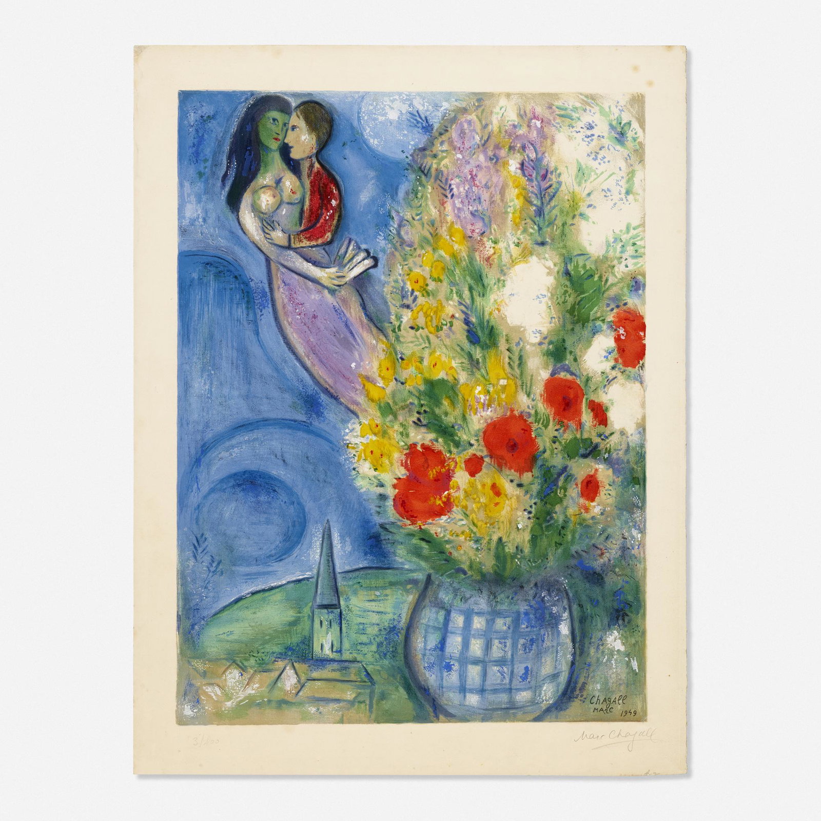 After Marc Chagall, Les Coquelicots: After Marc Chagall Les Coquelicots 1949 lithograph in colors 25.375 h × 19 w in (64 × 48 cm) Signed and numbered to lower edge '3/400 Marc Chagall'. This work is number 3 from the editi