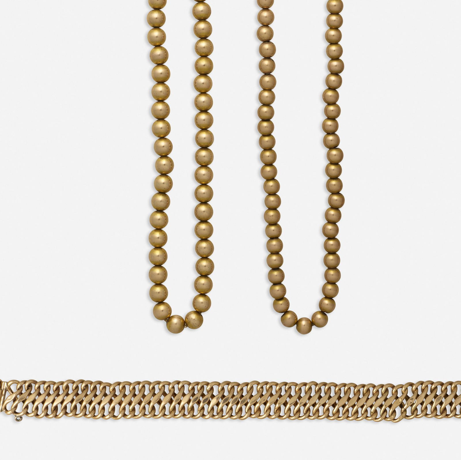 Antique gold bead necklaces and group of gold jewelry: Antique gold bead necklaces and group of gold jewelry Comprising two gold bead necklaces, c. 1880; two gold link bracelets; three gold ring mountings; a fancy link gold bracelet with engraved clasp; a