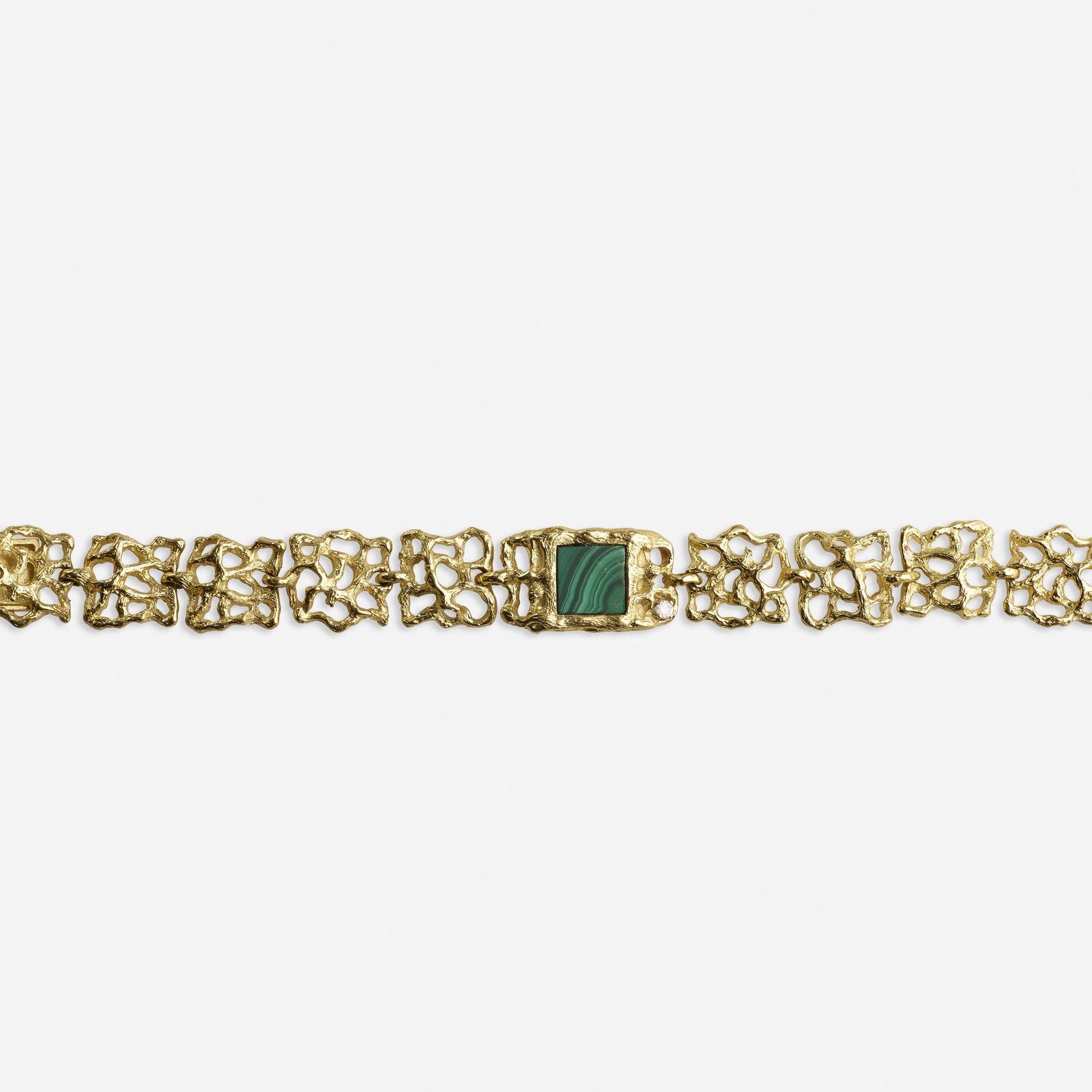 Ed Wiener, Malachite and gold bracelet: Ed Wiener Malachite and gold bracelet Designed with square open-form links of textured gold, with a center of square-cut malachite and a round brilliant-cut diamond 18k, 14k yellow gold Signed Ed Wien