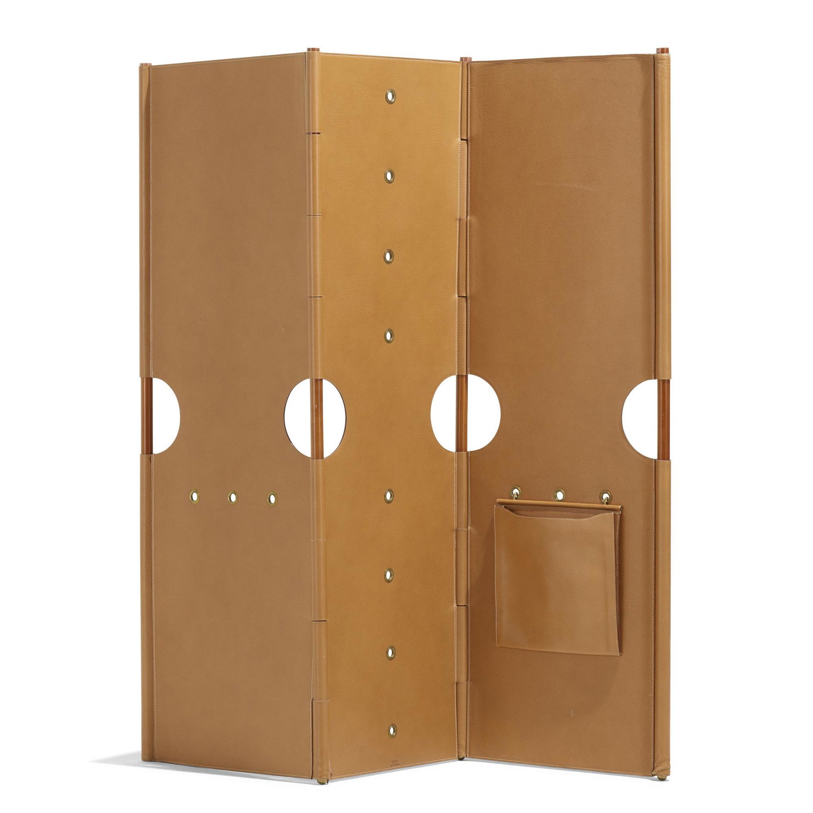 Rena Dumas for Hermes, Rare Pippa screen: Rena Dumas for Hermes Rare Pippa screen France, c. 1985stitched leather, brass, maple55.25 h × 43.75 w × 1.25 d in (140 × 111 × 3 cm) Signed to base and interior of pocket
