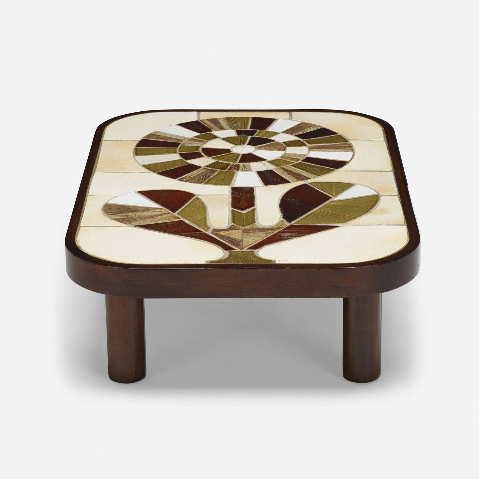 Roger Capron, coffee table: Roger Capron coffee table France, c. 1965glazed earthenware, laminated and stained beech11.25 h × 38.5 w × 27 d in (29 × 98 × 69 cm) Impressed signature to top 'Capron'. <