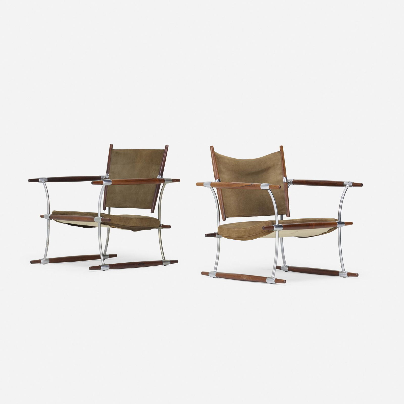 Jens Quistgaard, Stokke lounge chairs, pair: Jens Quistgaard Stokke lounge chairs, pair Richard NissenDenmark, 1960rosewood, chrome-plated steel, suede29.5 h × 26.5 w × 26.25 d in (75 × 67 × 67 cm) Stamped manu